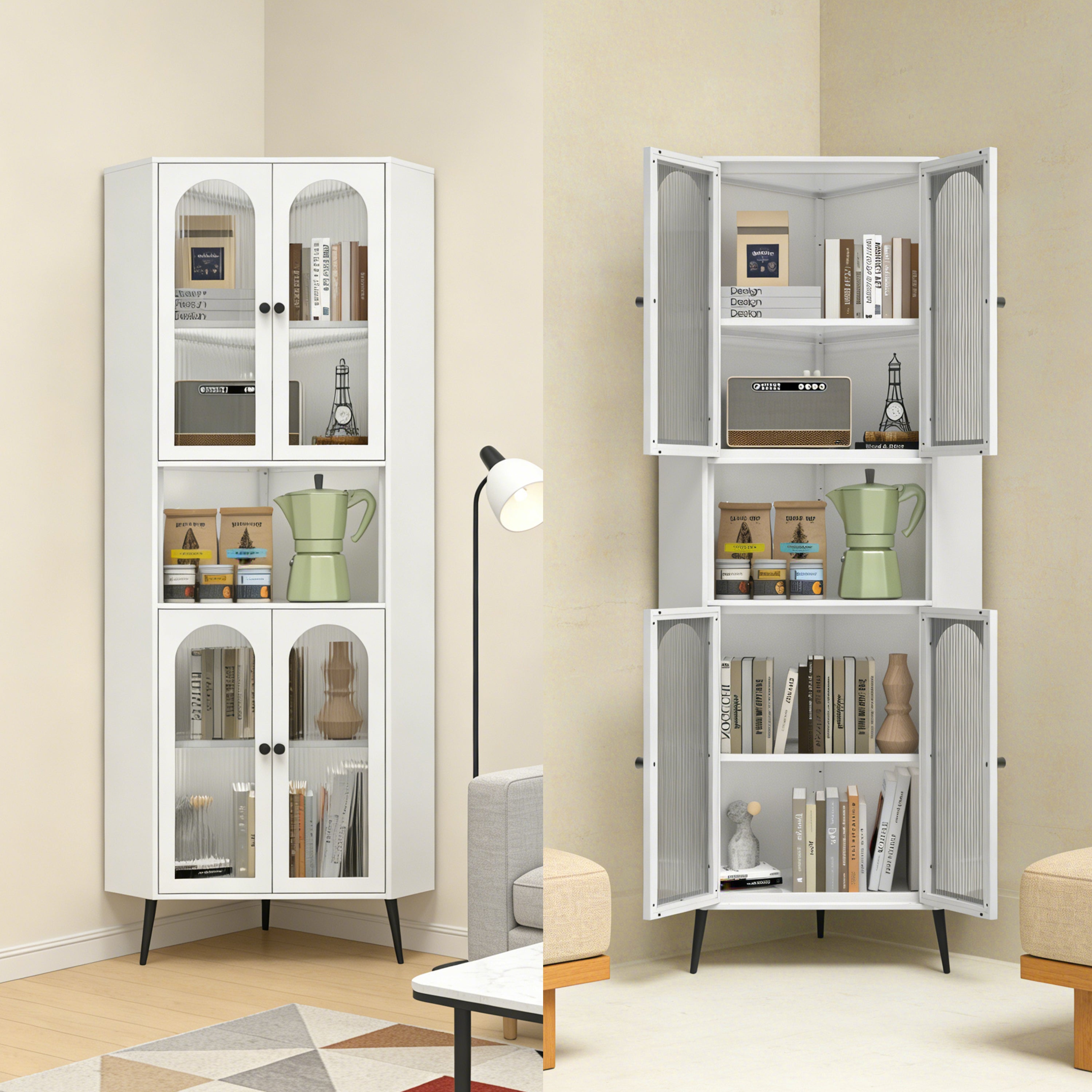 White 73in Corner Storage Cabinet Metal with Doors Adjustable Shelves Space-Saving