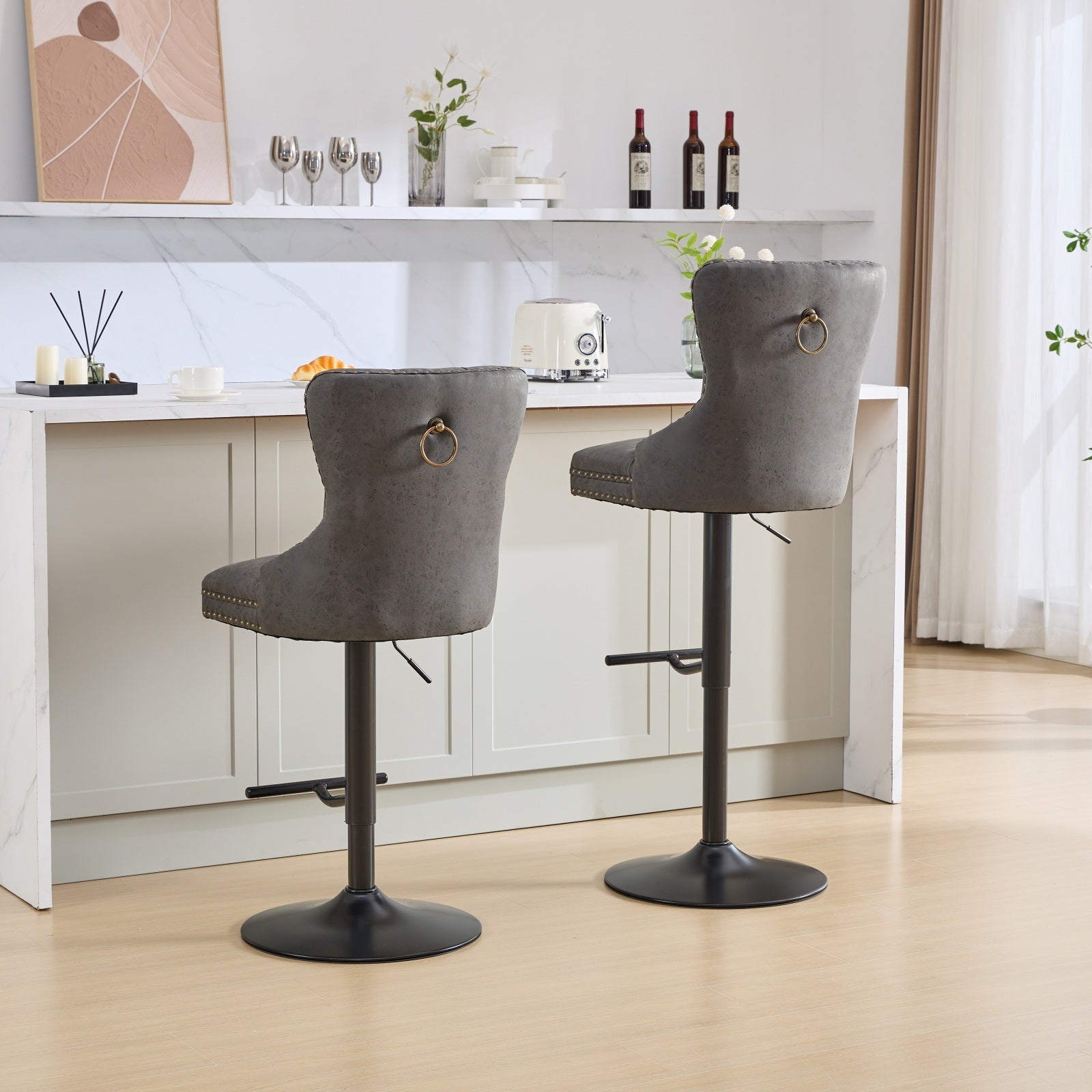 Aged and Retro PU Swivel Barstools Adjusatble Seat Height (Set of 2)