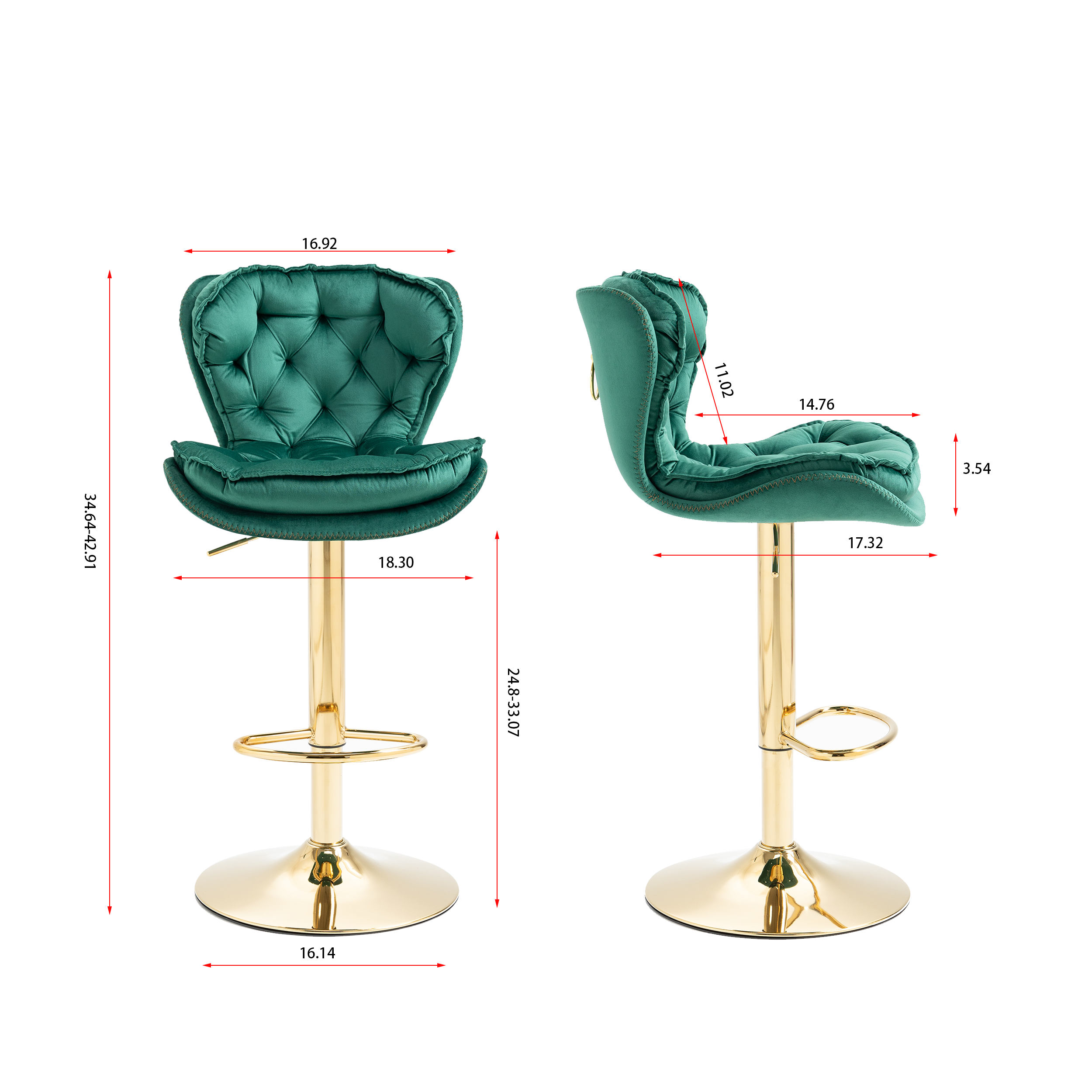 Velvet Bar Stools Set of 2 - Gold Base Adjustable Swivel Counter