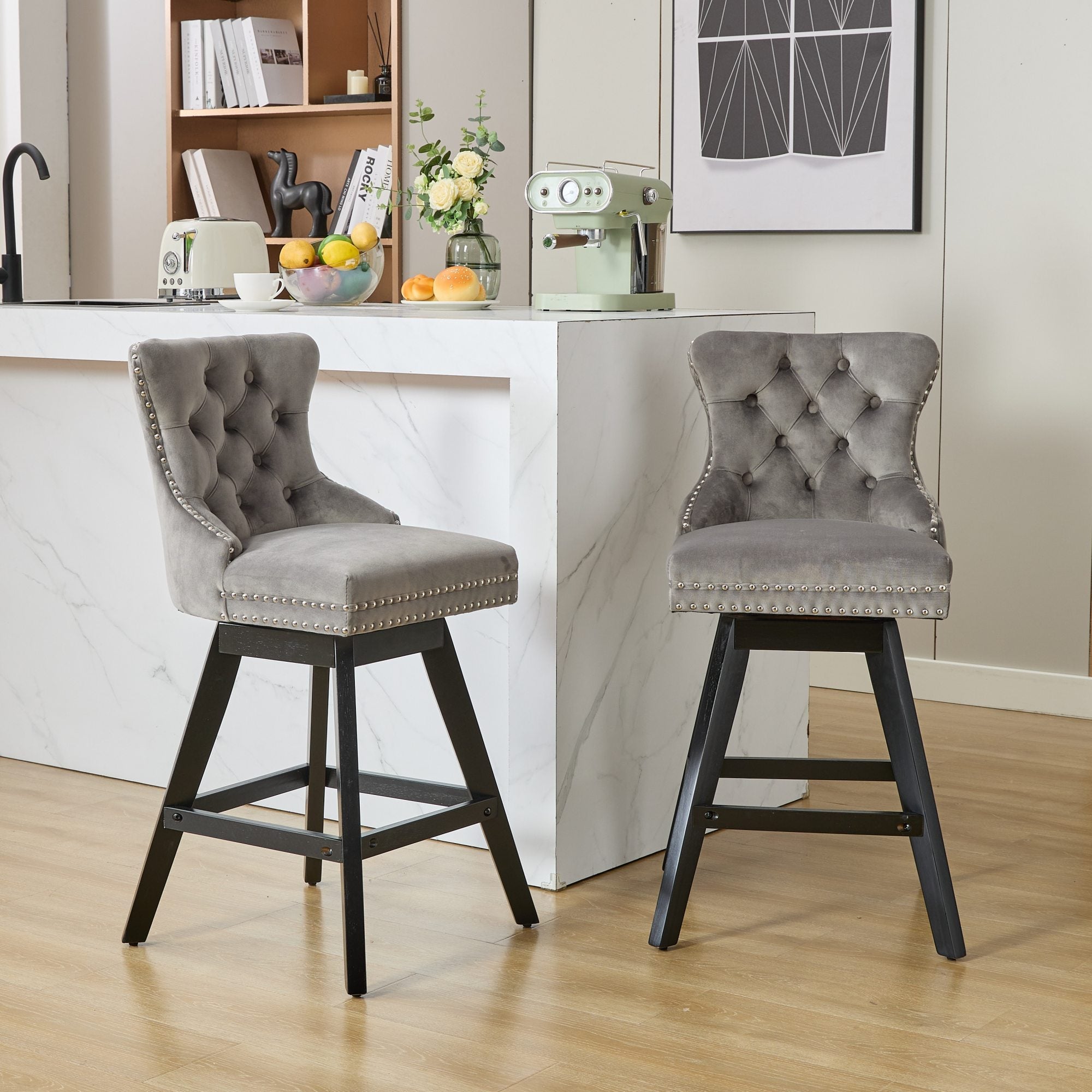 Swivel Velvet Barstools with Button Tufted Decoration (Set of 2)