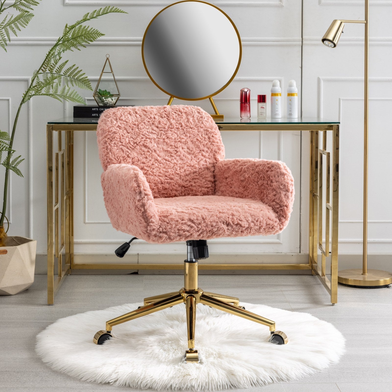 Artificial Rabbit Hair Home Office Chair with Golden Metal Base