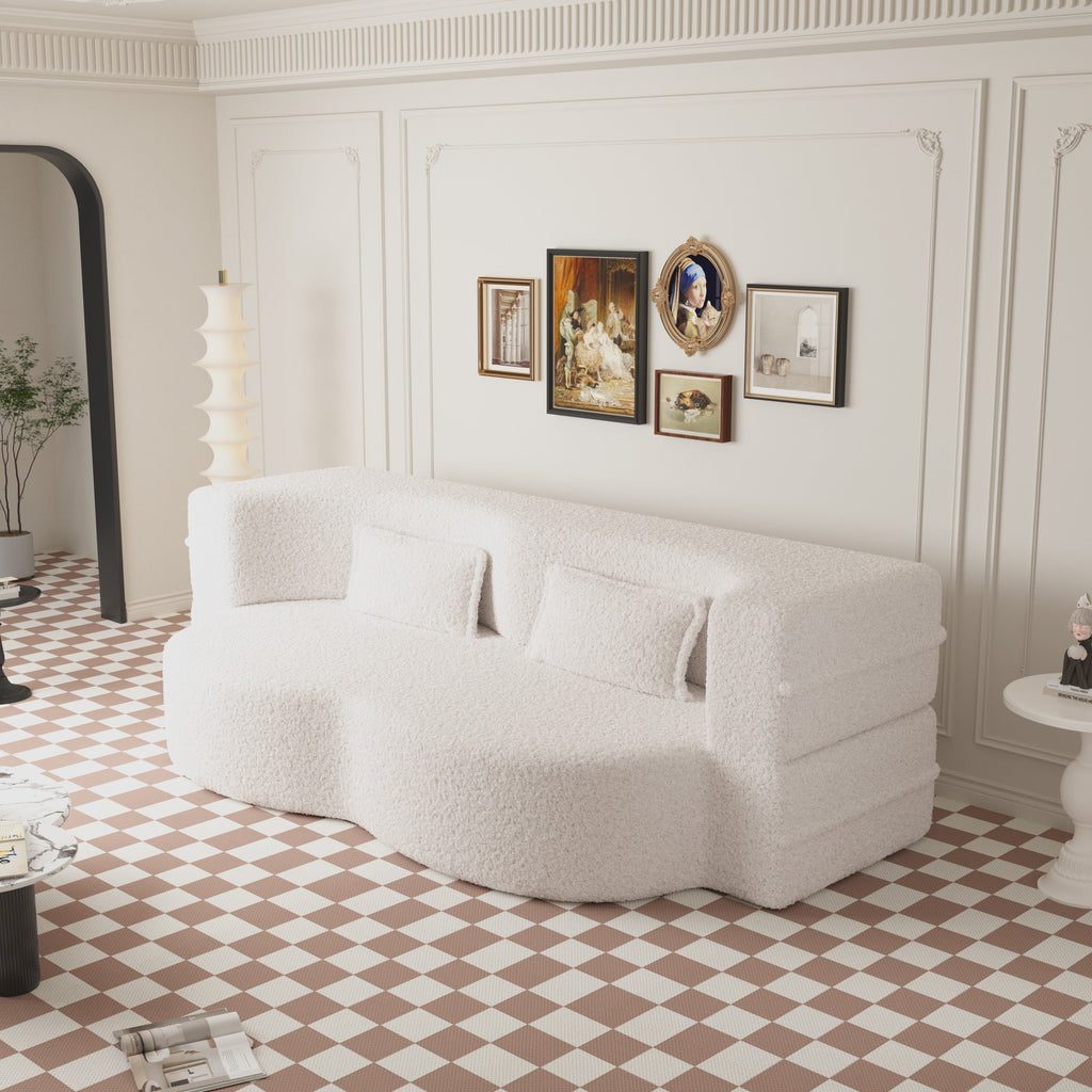 Modern Convertible Teddy Fabric Sofa with 2 Pillows