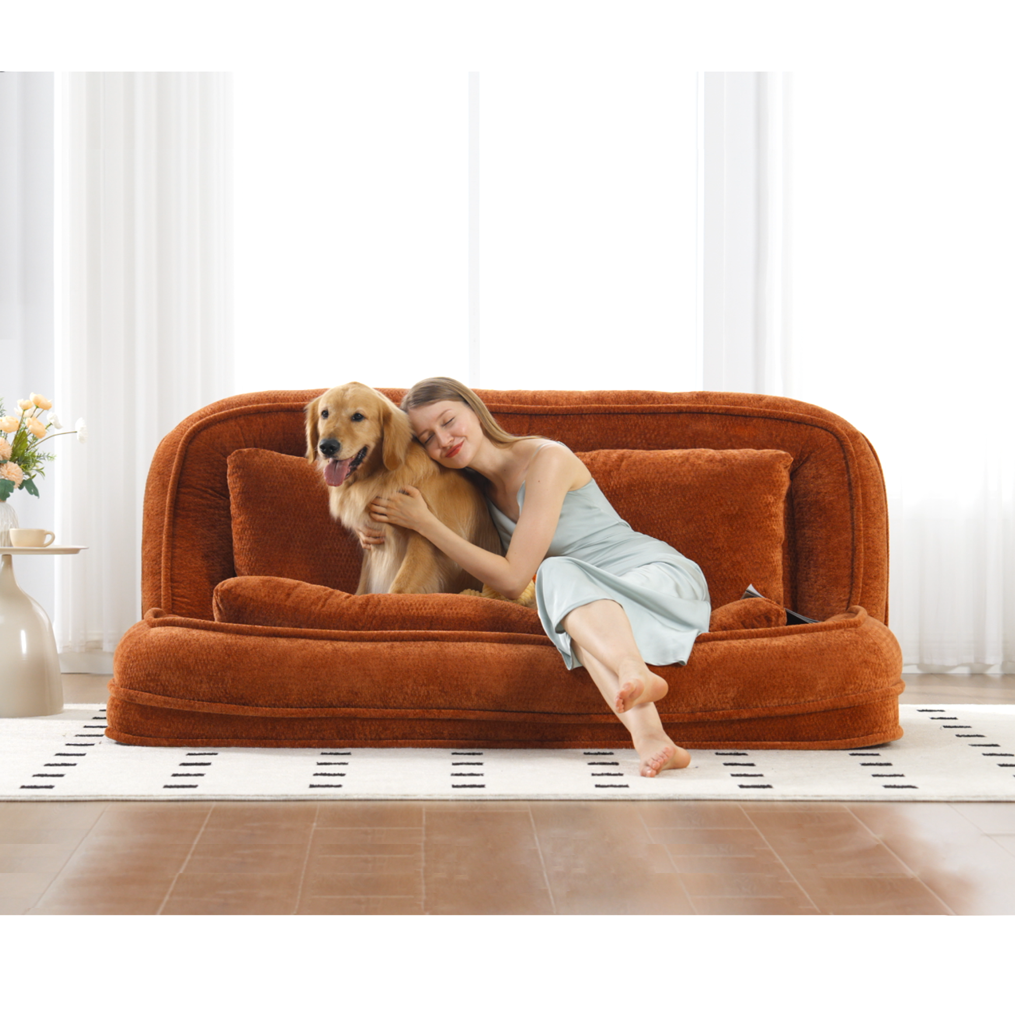 2-in-1 Extra Large Chenille Floor Couch Loveseat for Humans & Dogs