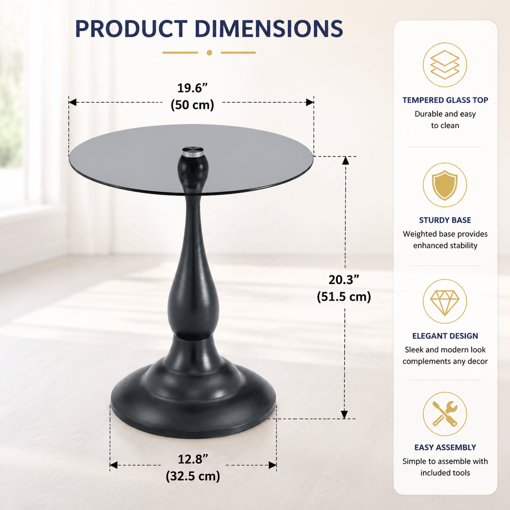20" Small Luxury Metal Round Side Table with a Glass Top