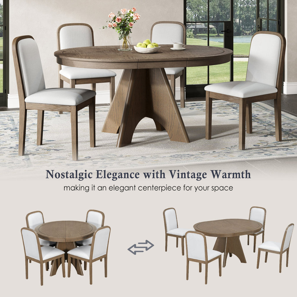 Vintage Extendable Dining Table Set with 4 Upholstered Chairs