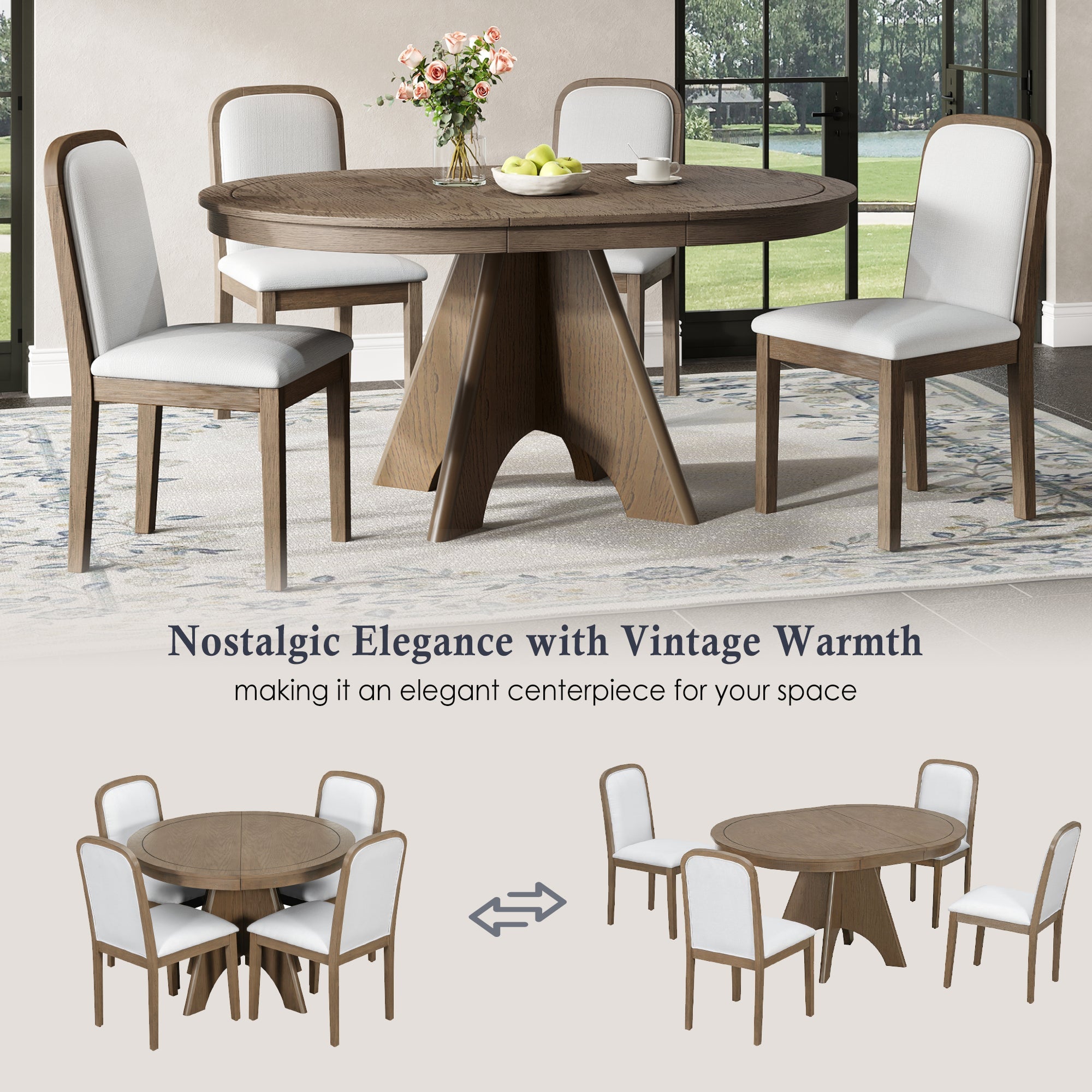 Vintage Extendable Dining Table Set with 4 Upholstered Chairs