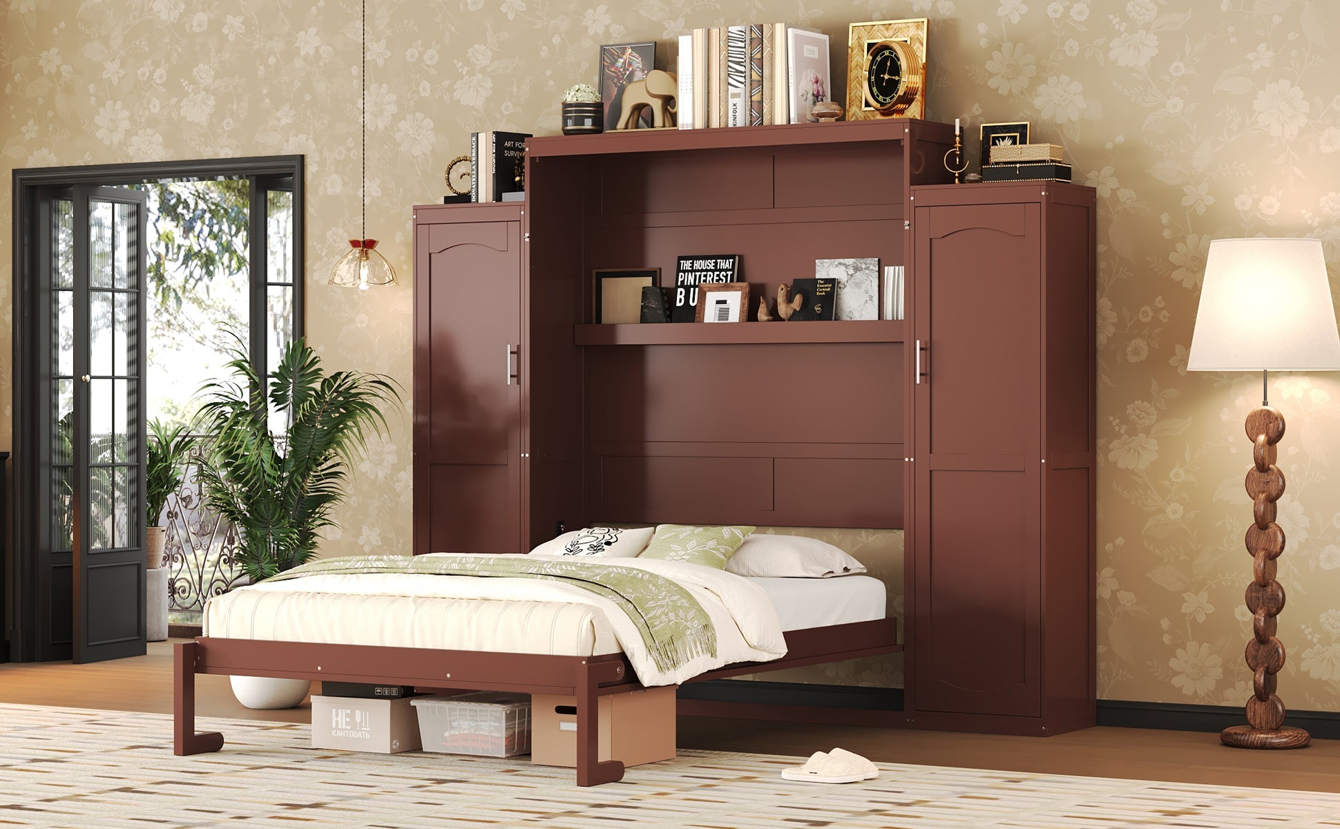 Wooden Queen Wall Bed with 2 Wardrobe and Storage Shelf