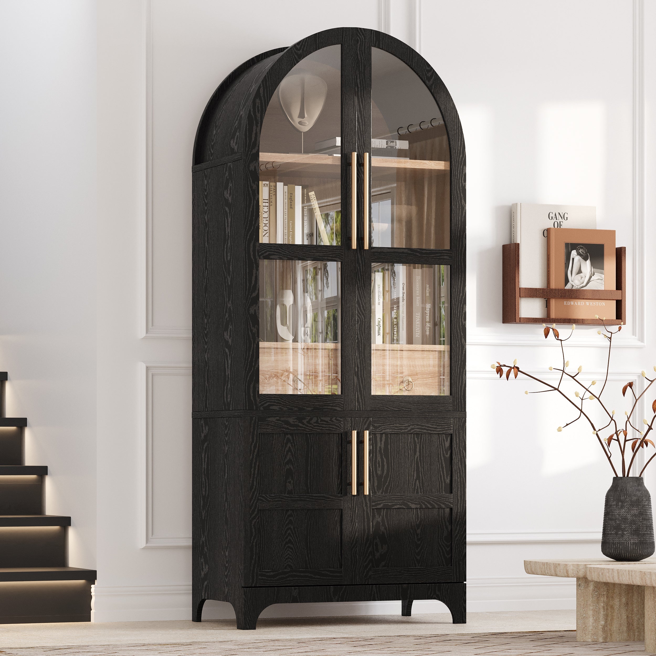 71" Tall Arched Farmhouse Kitchen Pantry Cabinet with Door Shelves