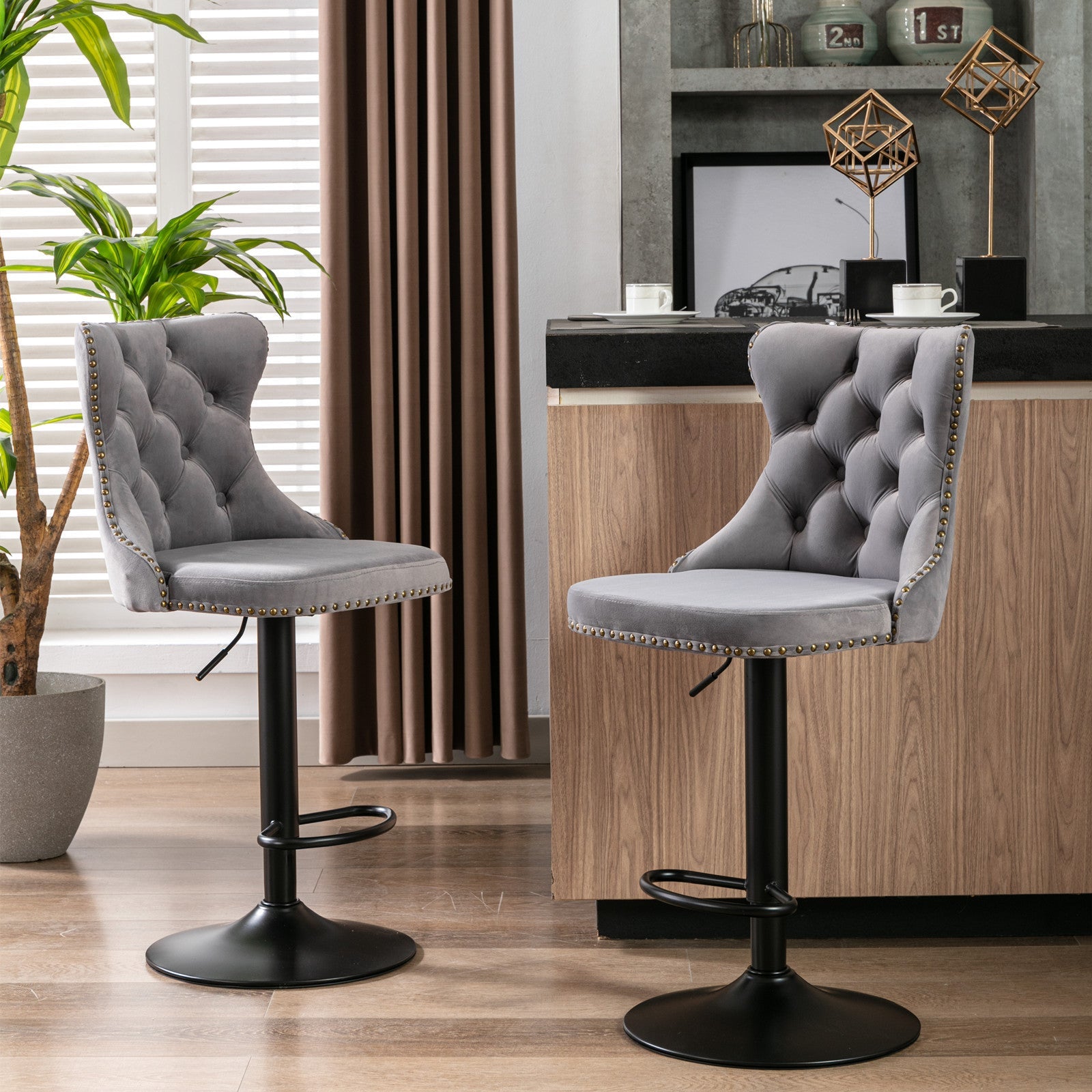 Modern Swivel Velvet Barstools Adjusatble Seat (Set of 2)