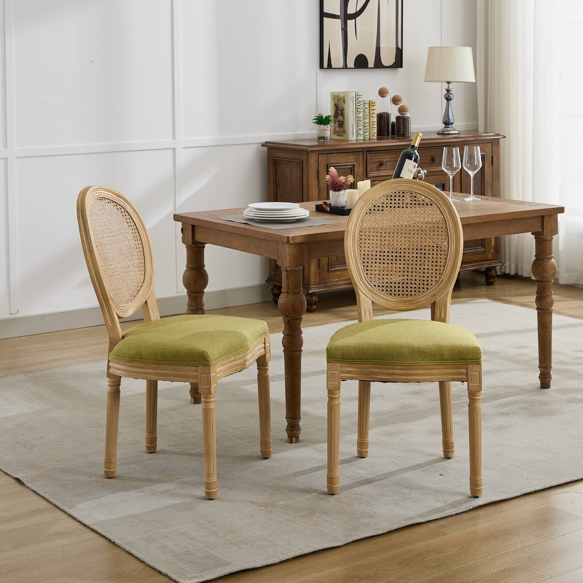French Style Solid Wood Frame Linen Fabric Dining Chair (Set of 2)