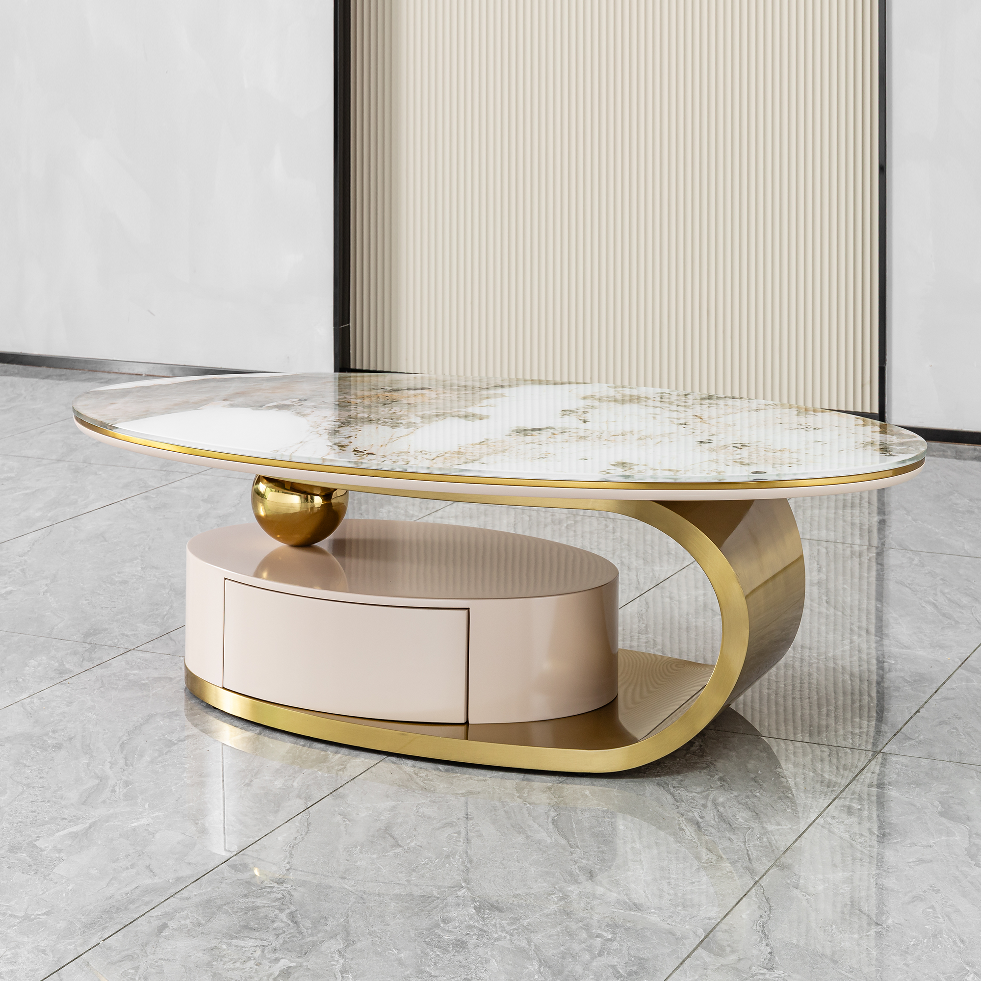 51.18' Luxury Oval Coffee Table with Print Glass Top