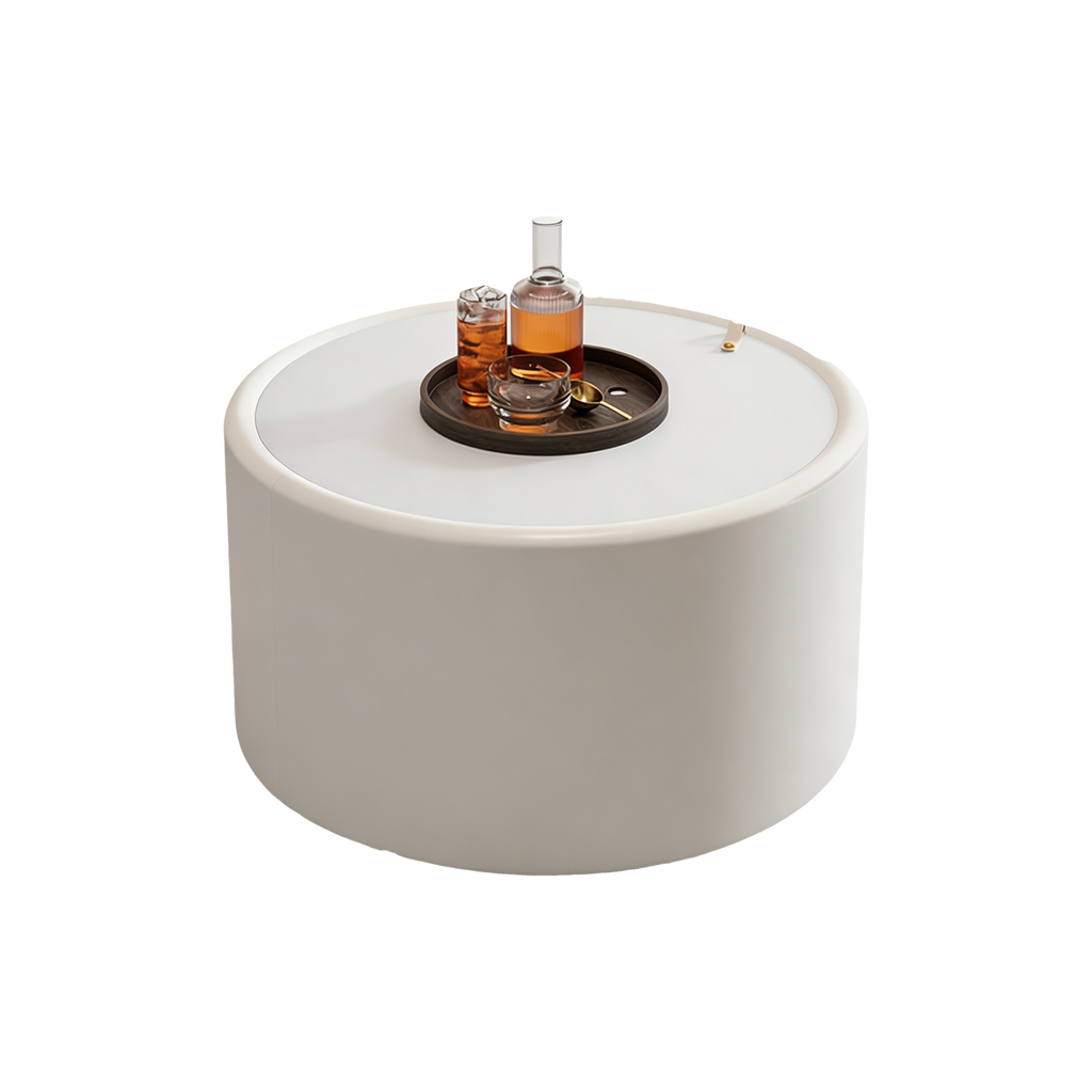 28“  PU Leather Round Coffee Table with Tempered Glass Top