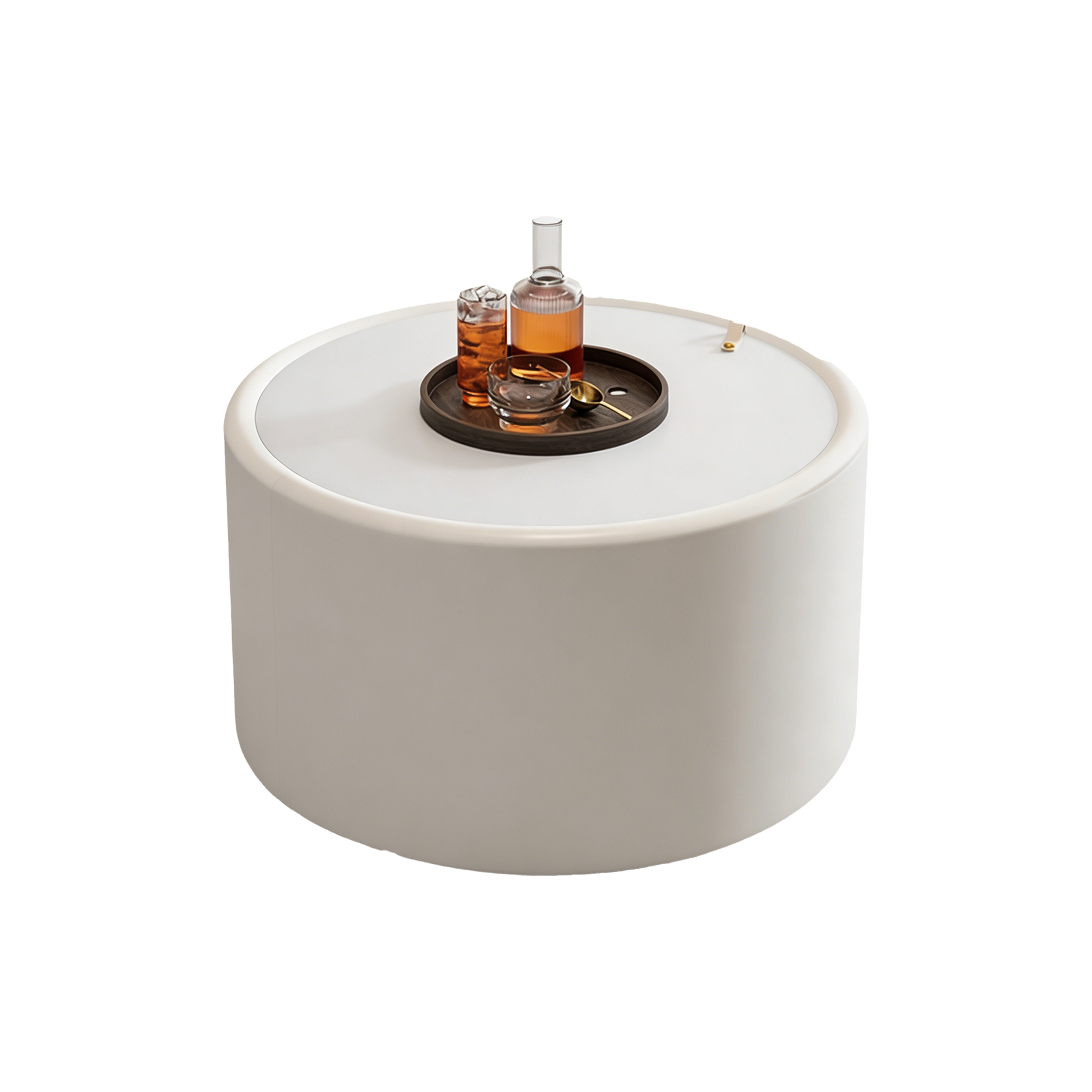 28“  PU Leather Round Coffee Table with Tempered Glass Top