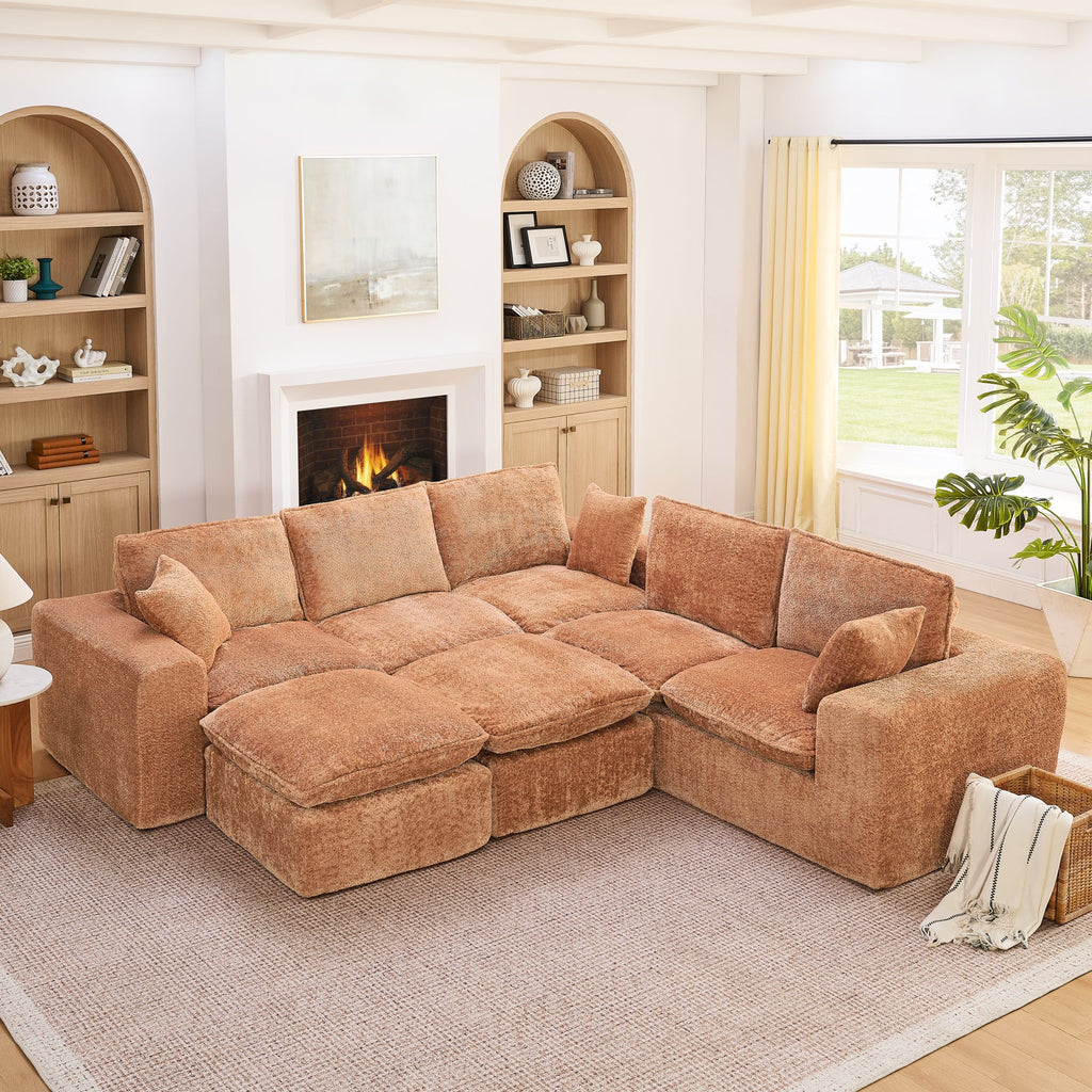 Modern Orange L-Shaped Sectional Sofa with 2 Ottomans Cloud-Like Modular Couch