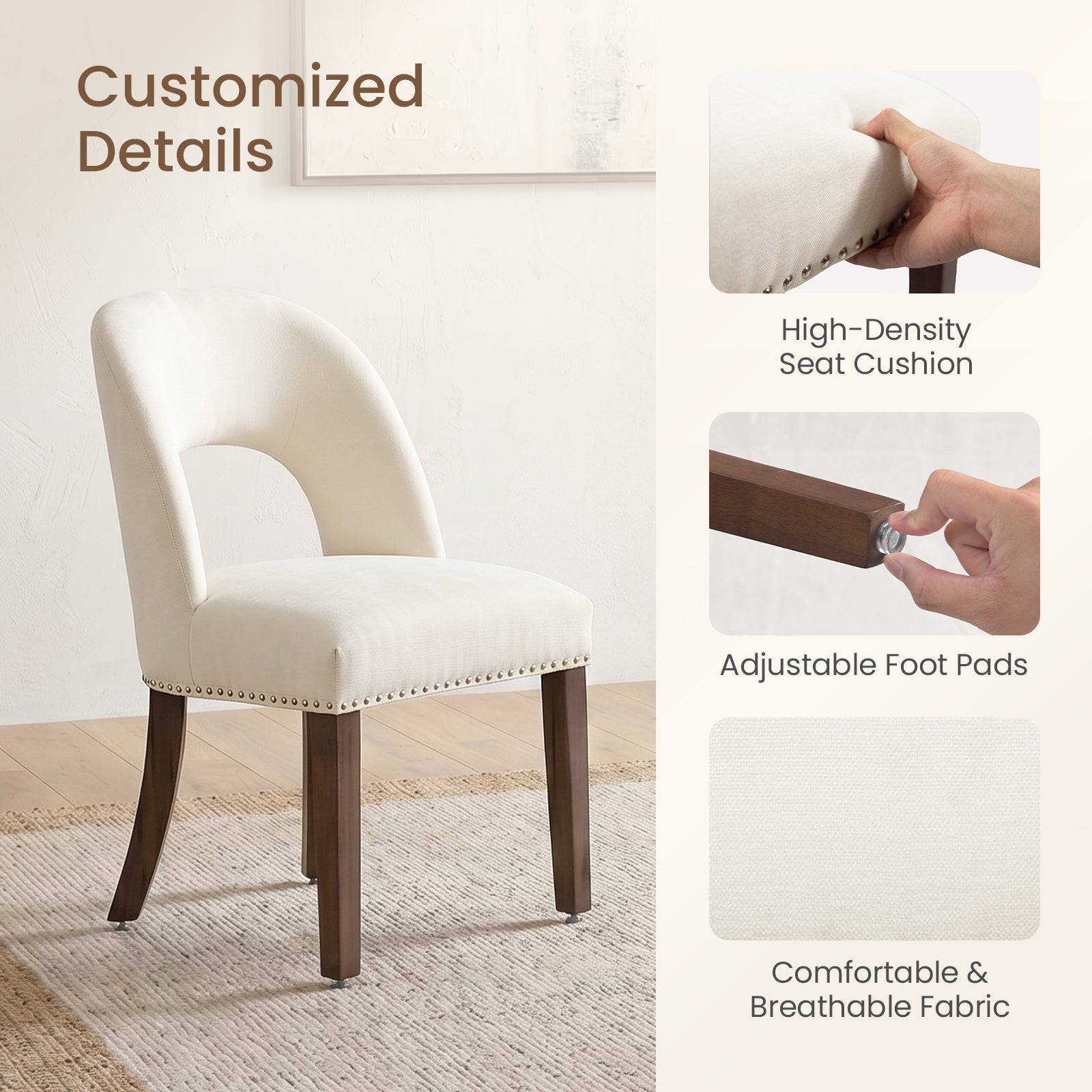 Firmoz Farmhouse Hollow Back Dining Chairs with Nailhead Trim & Rubberwood Legs