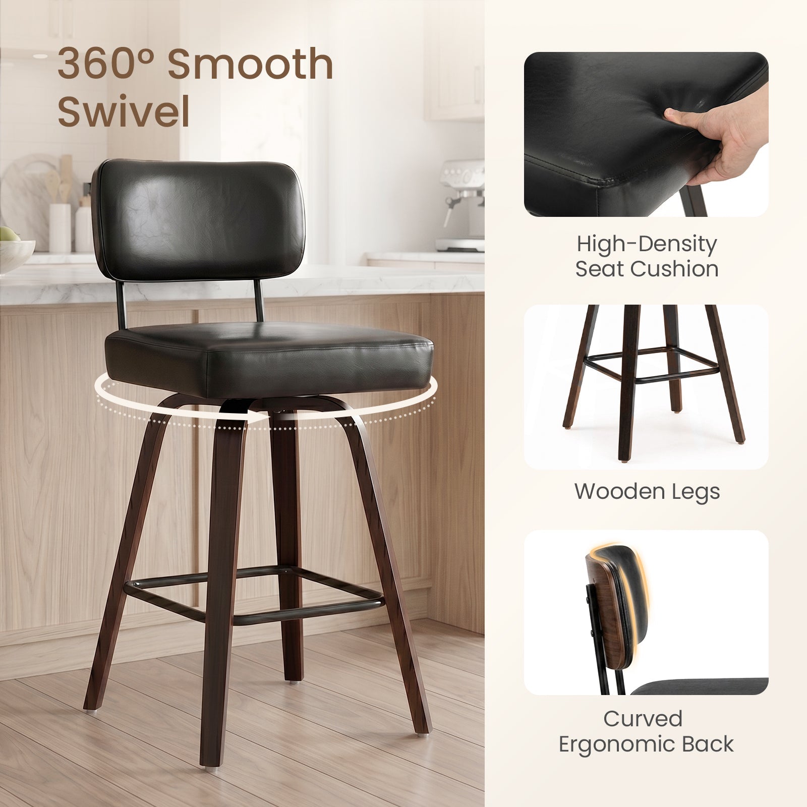 Firmoz Modern PU Swivel Bar Stools with Solid Wood Legs & Ergonomic Backrest
