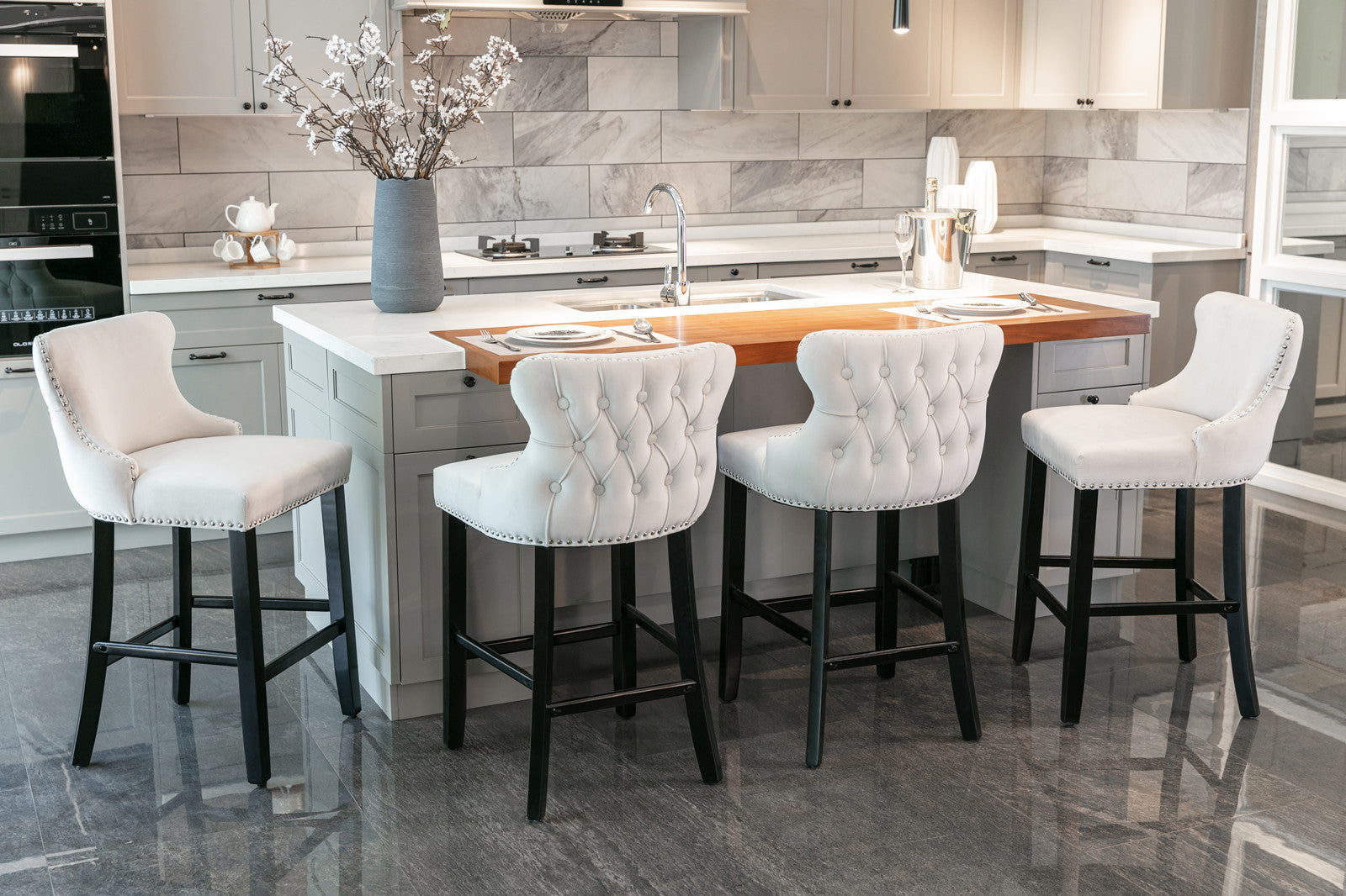 Leisure Style Velvet Upholstered Wing-Back Barstools (Set of 2)