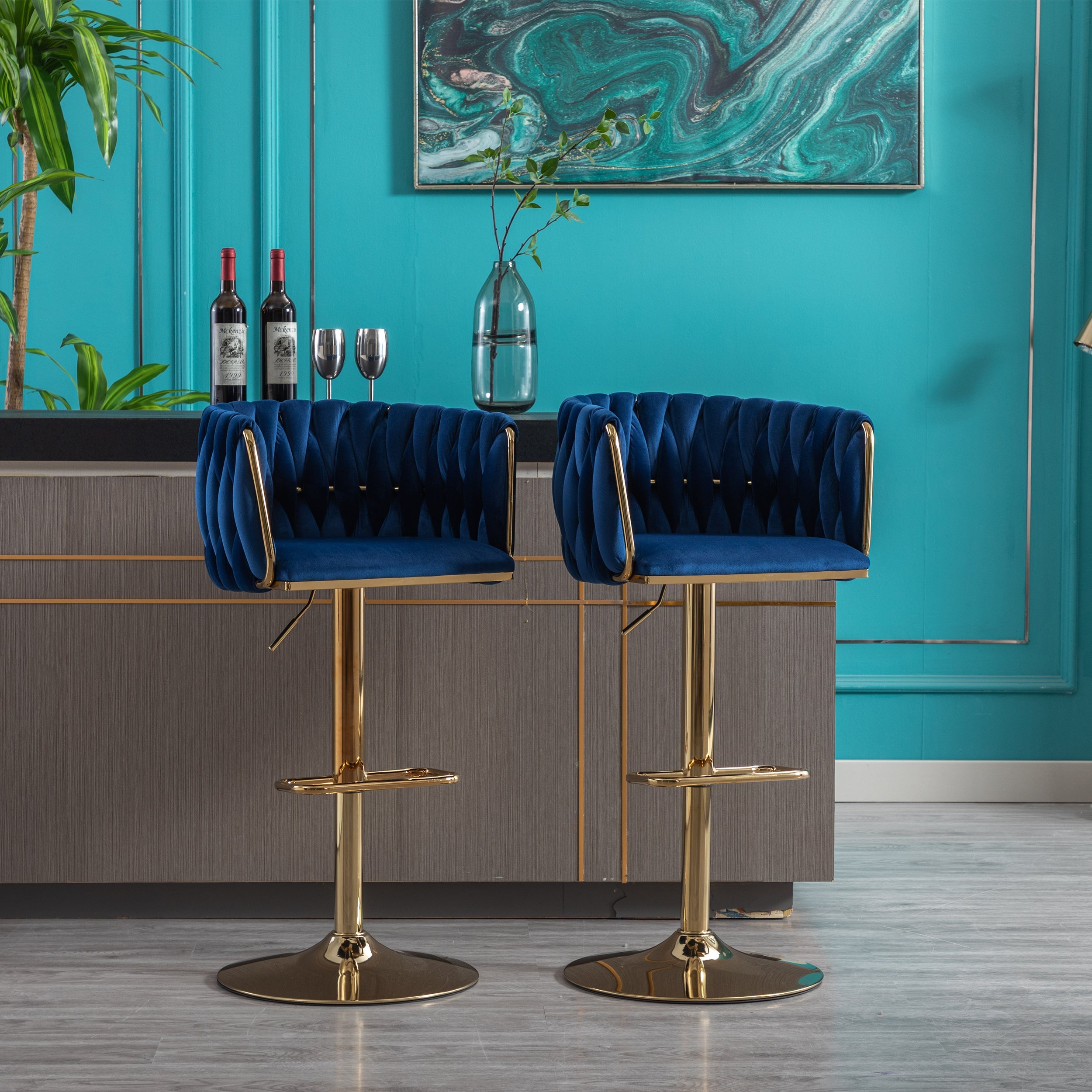 Swivel Height Adjustable Mechanical Lifting Velvet Bar Stools (Set of 2)