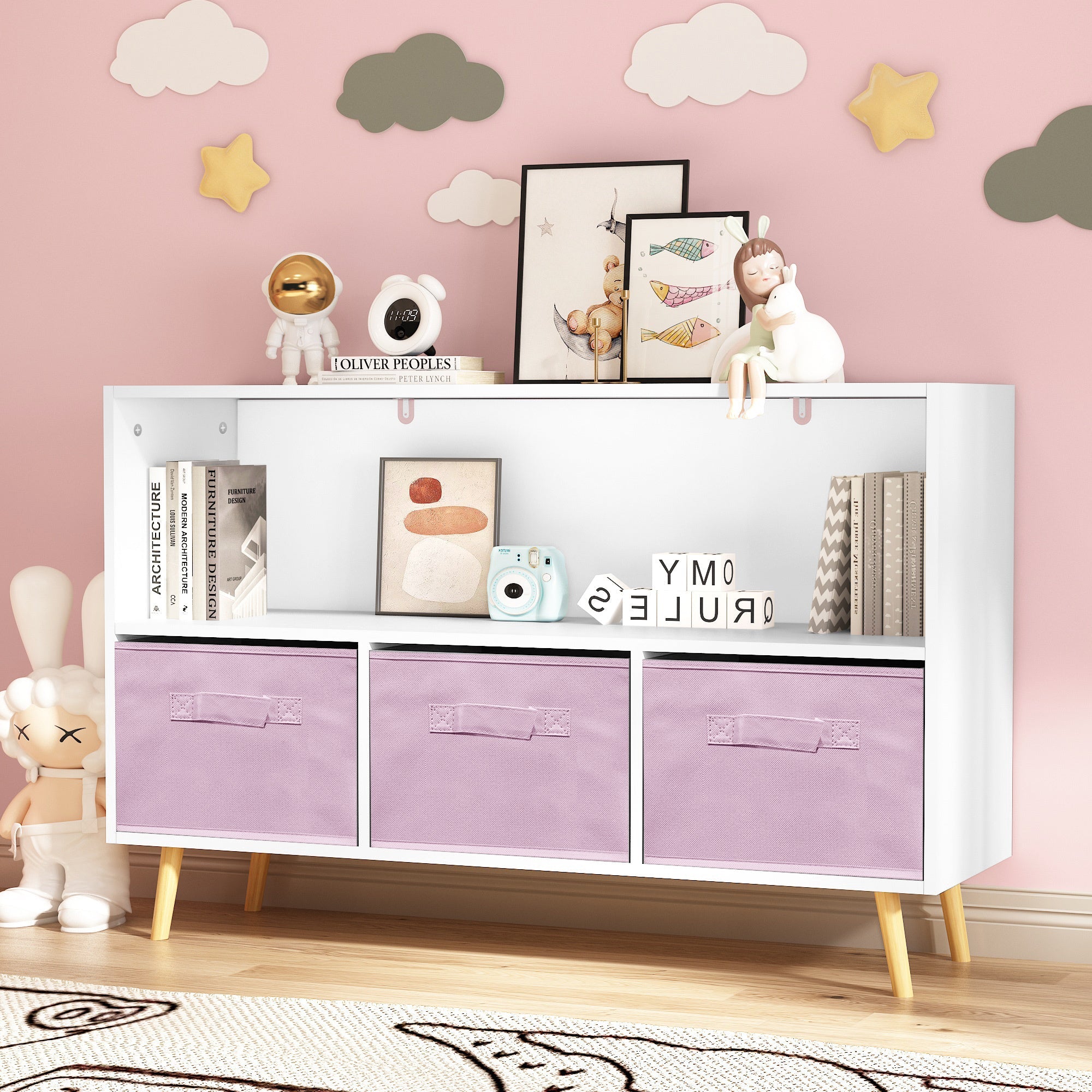 Children's Book Display Kids Bookcase with 3 Fabric Bins