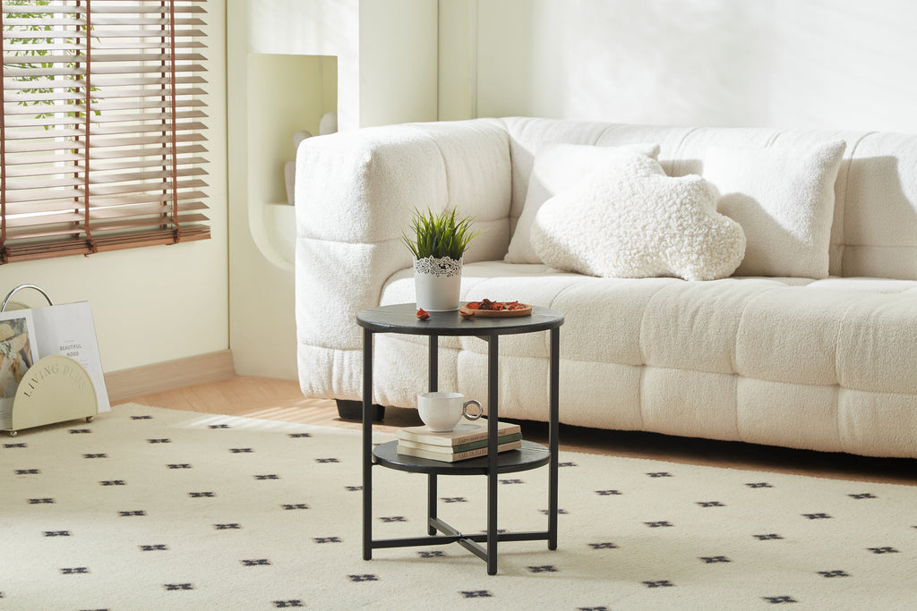 Small Round Side Table 2-Tier Black Farmhouse Accent Table with Storage Shelf