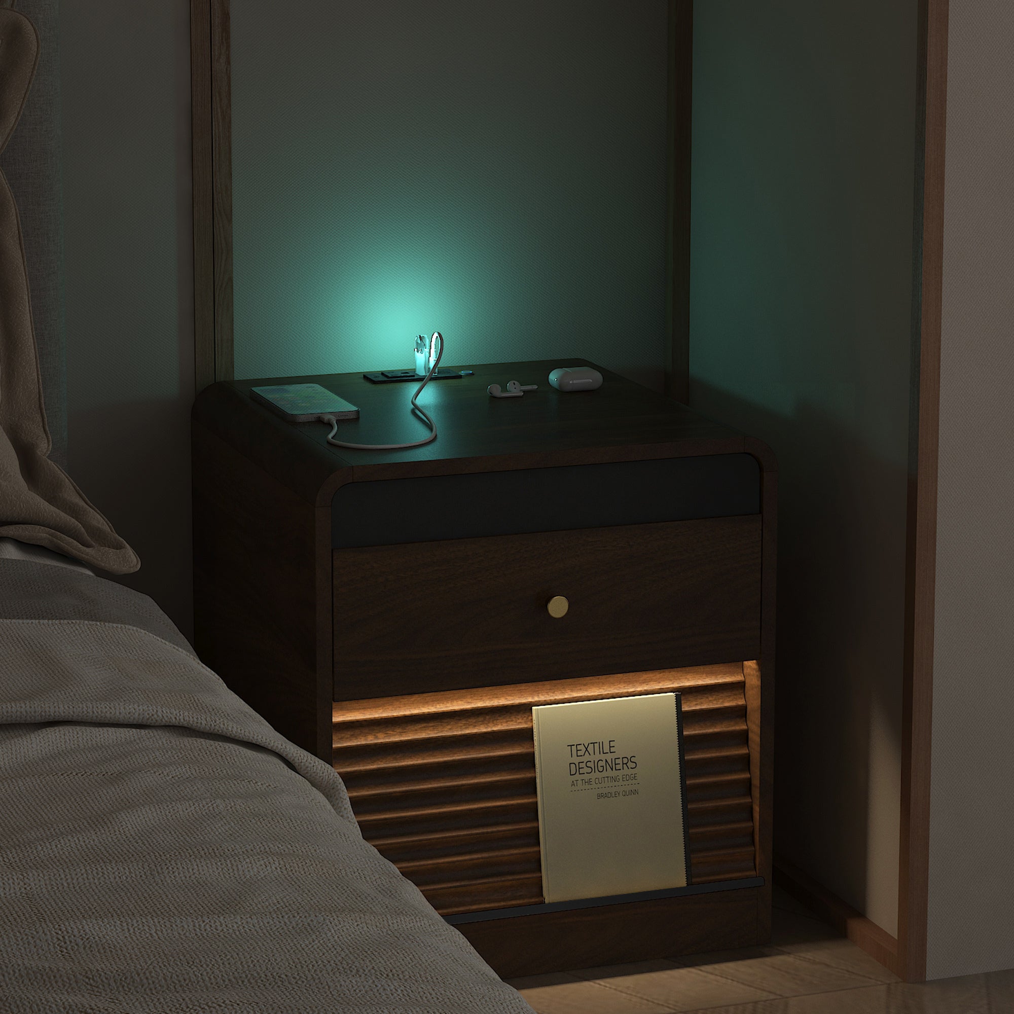 Smart Nightstand with Charging Station & Voice-Controlled LED Lights
