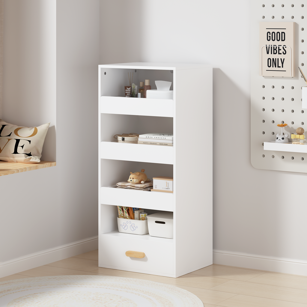 4-Tier Freestanding Bookshelf with 3 Sliding Drawers and 1 Bottom Drawer
