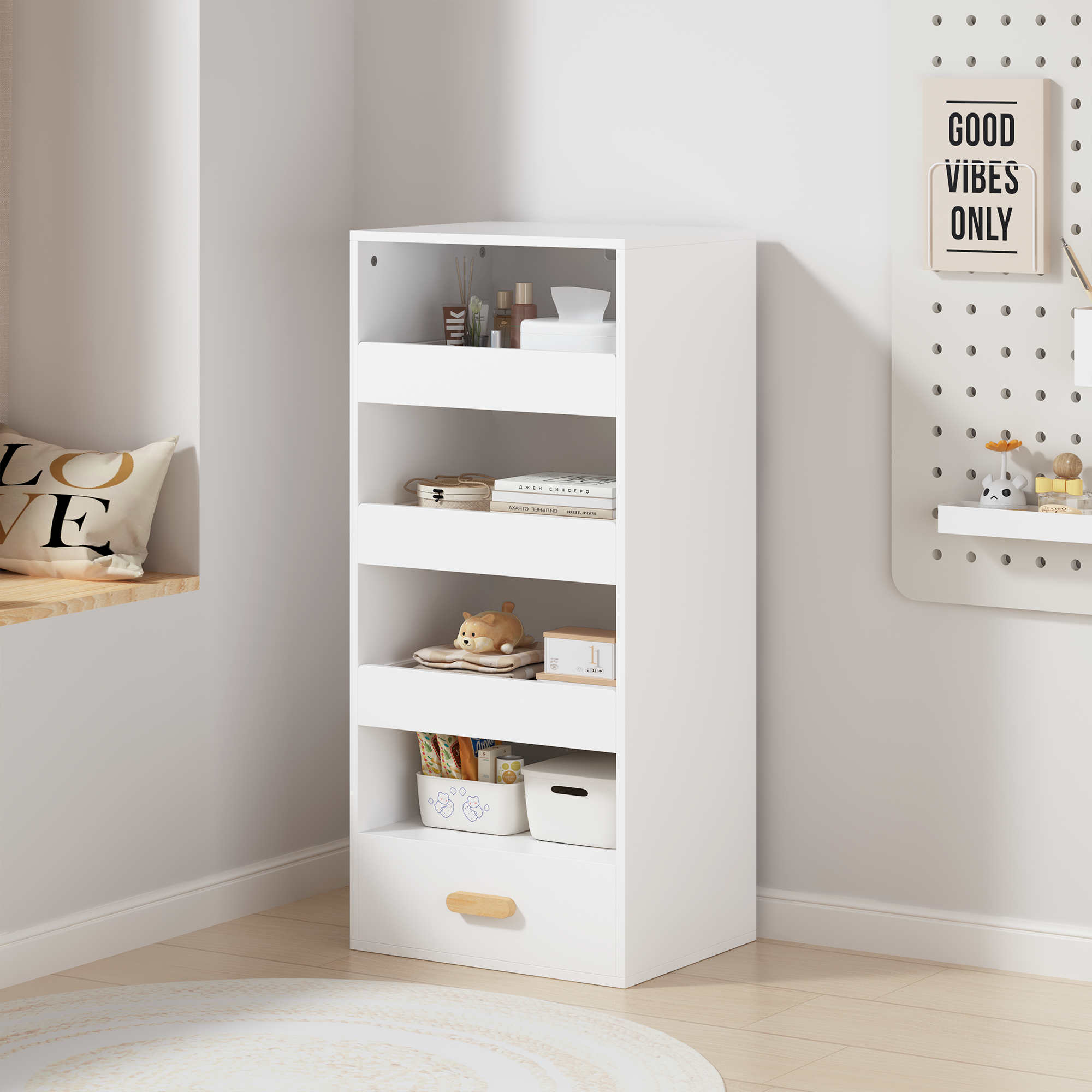 4-Tier Freestanding Bookshelf with 3 Sliding Drawers and 1 Bottom Drawer