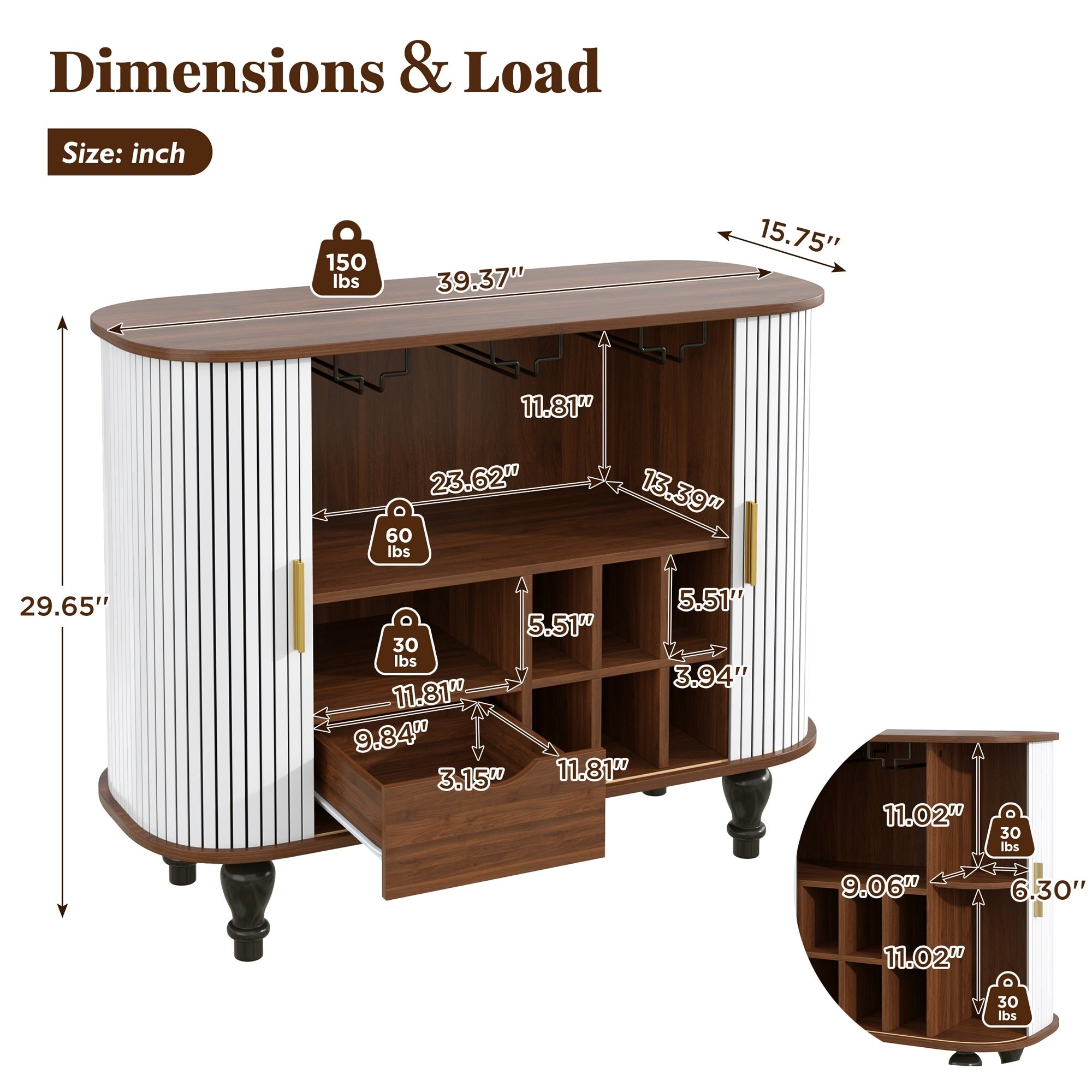 39" Fluted Liquor and Coffee Bar Cabinet with Wine Racks Glass Holders Storage