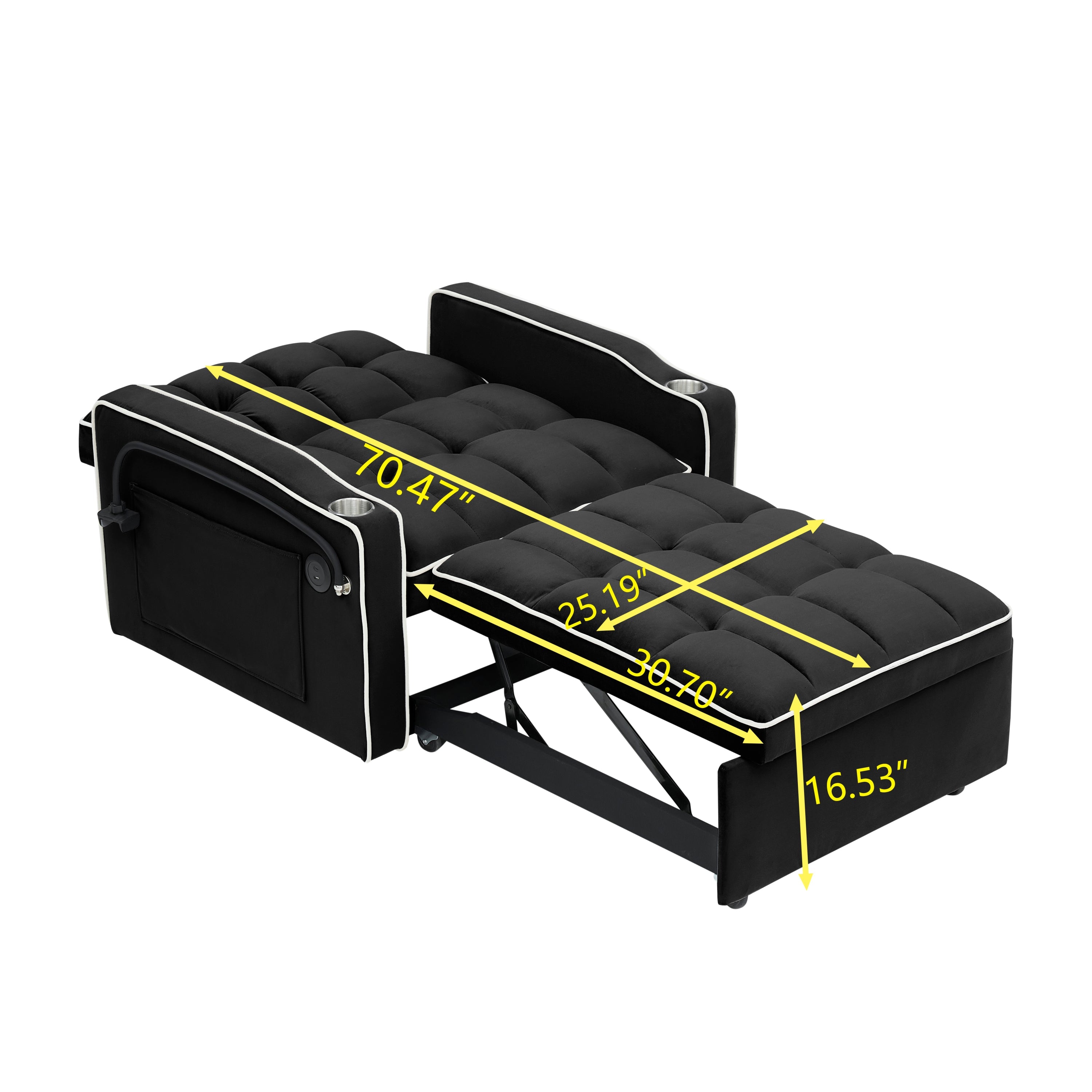 Velvet Foldable Sofa Bed Adjustable Back with USB, Ashtray & Phone Stand
