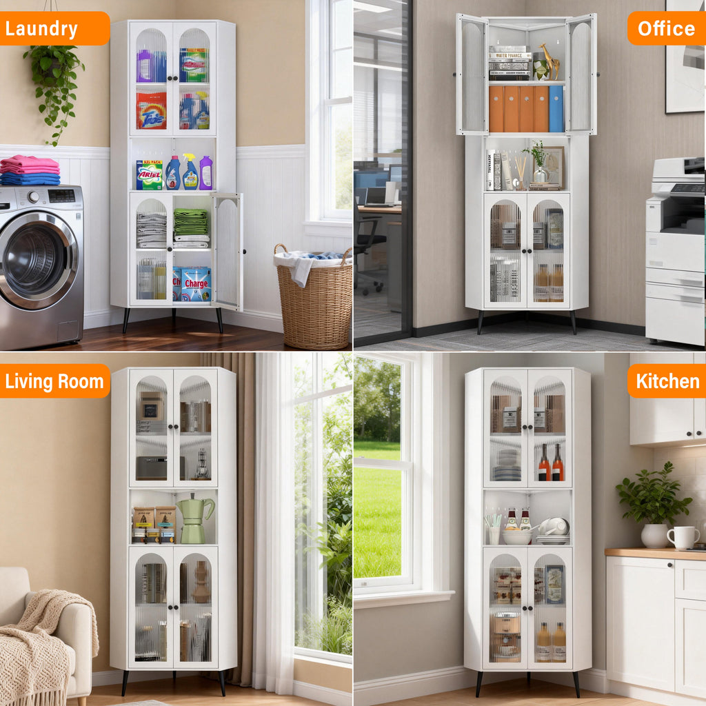 White 73in Corner Storage Cabinet Metal with Doors Adjustable Shelves Space-Saving