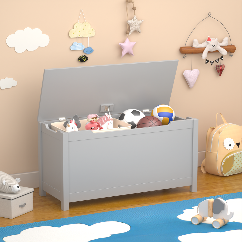 Kids Wooden Toy Box Storage with Safety Hinged Lid for Ages 2+