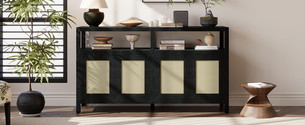 Bohemian Style Rattan Storage Cabinet with 3-position Adjustable Shelves