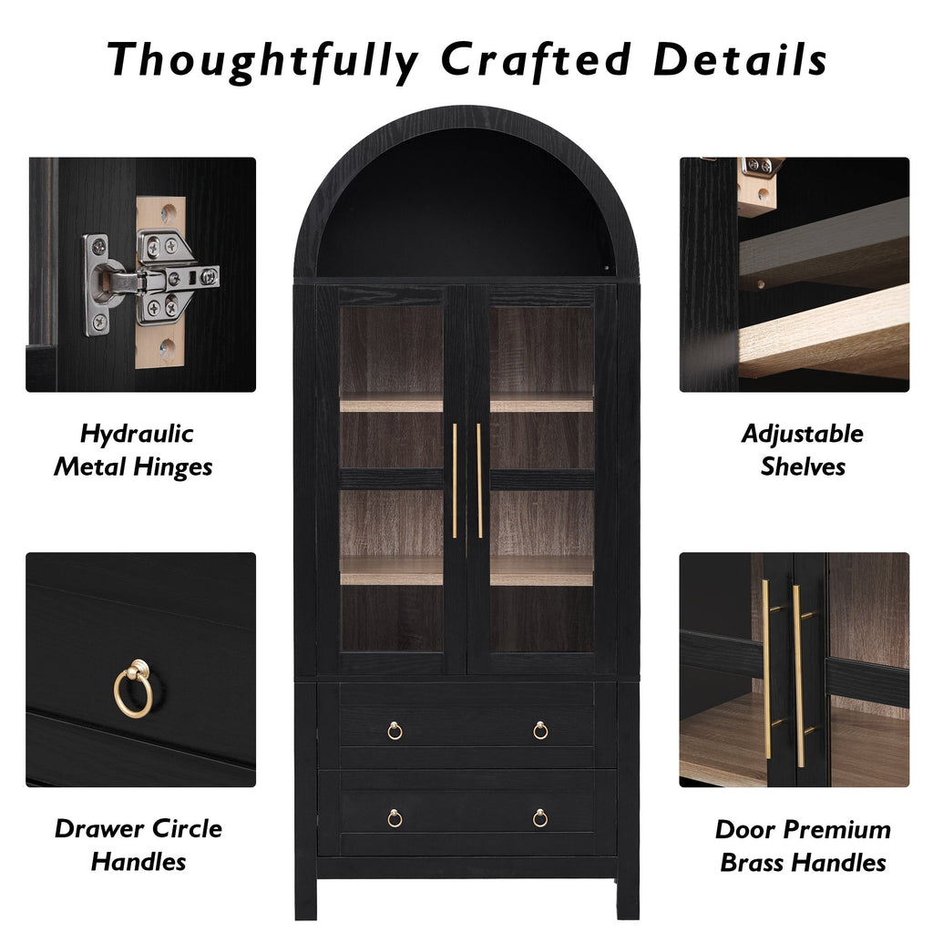 71” Tall Arched Modern Farmhouse Kitchen Pantry Cabinet with 2 Large Drawers