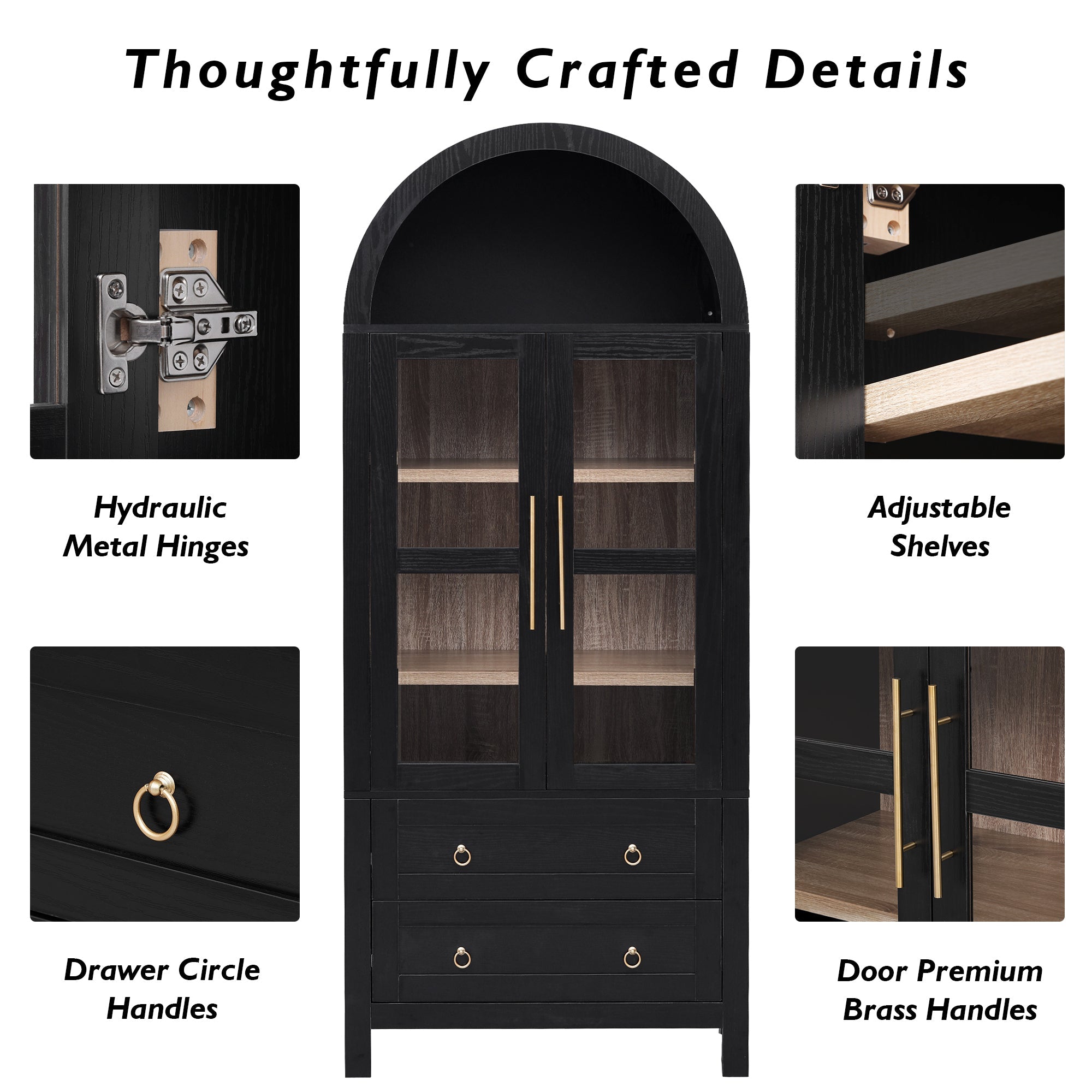 71” Tall Arched Modern Farmhouse Kitchen Pantry Cabinet with 2 Large Drawers
