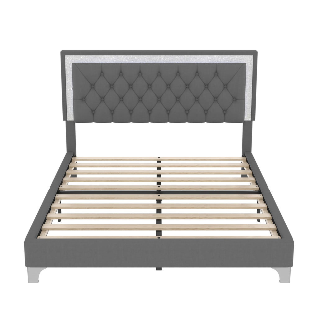 Queen Size Upholstered Bed Frame with LED Lights
