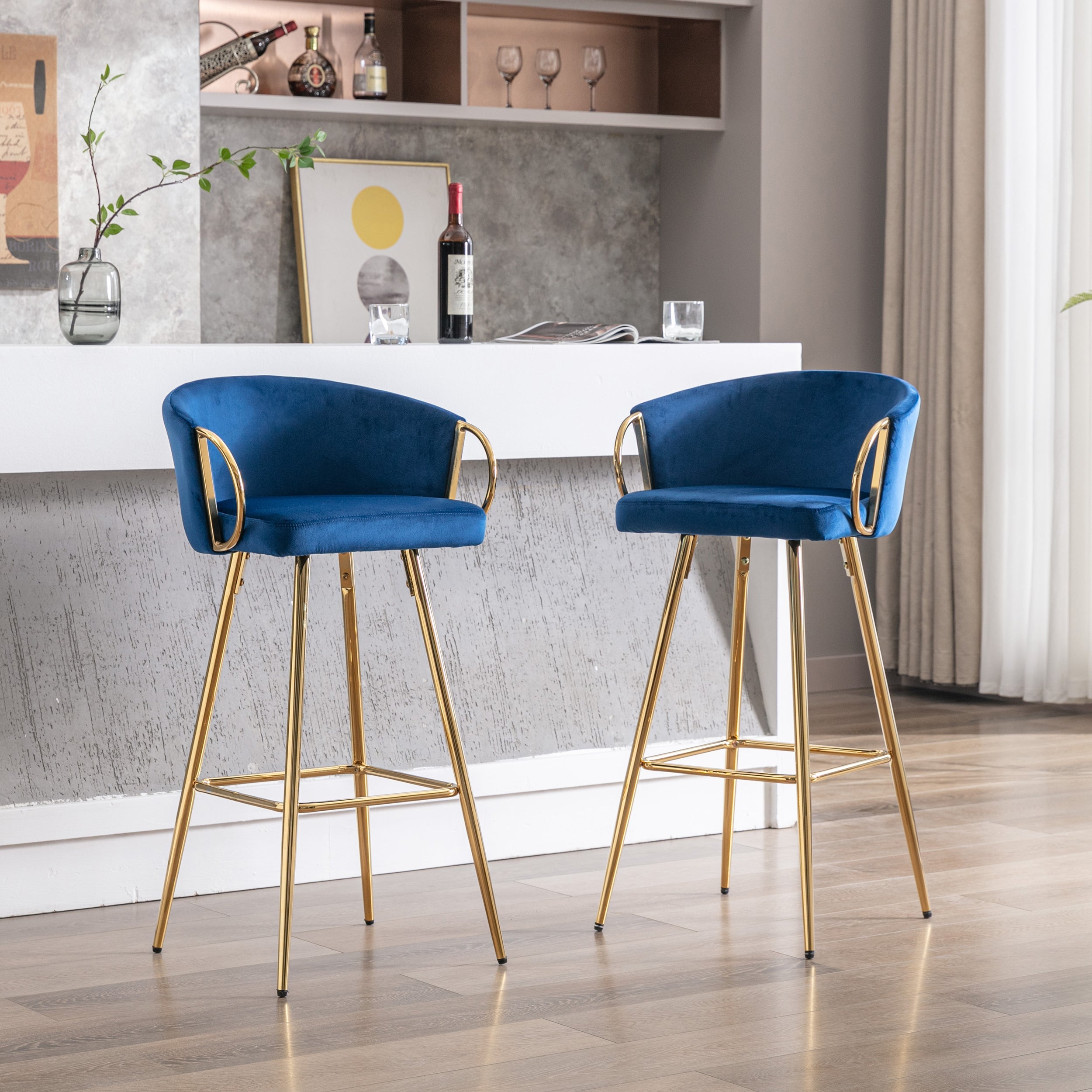 Velvet Bar Stools with Chrome Footrest and Base（Set of 2)