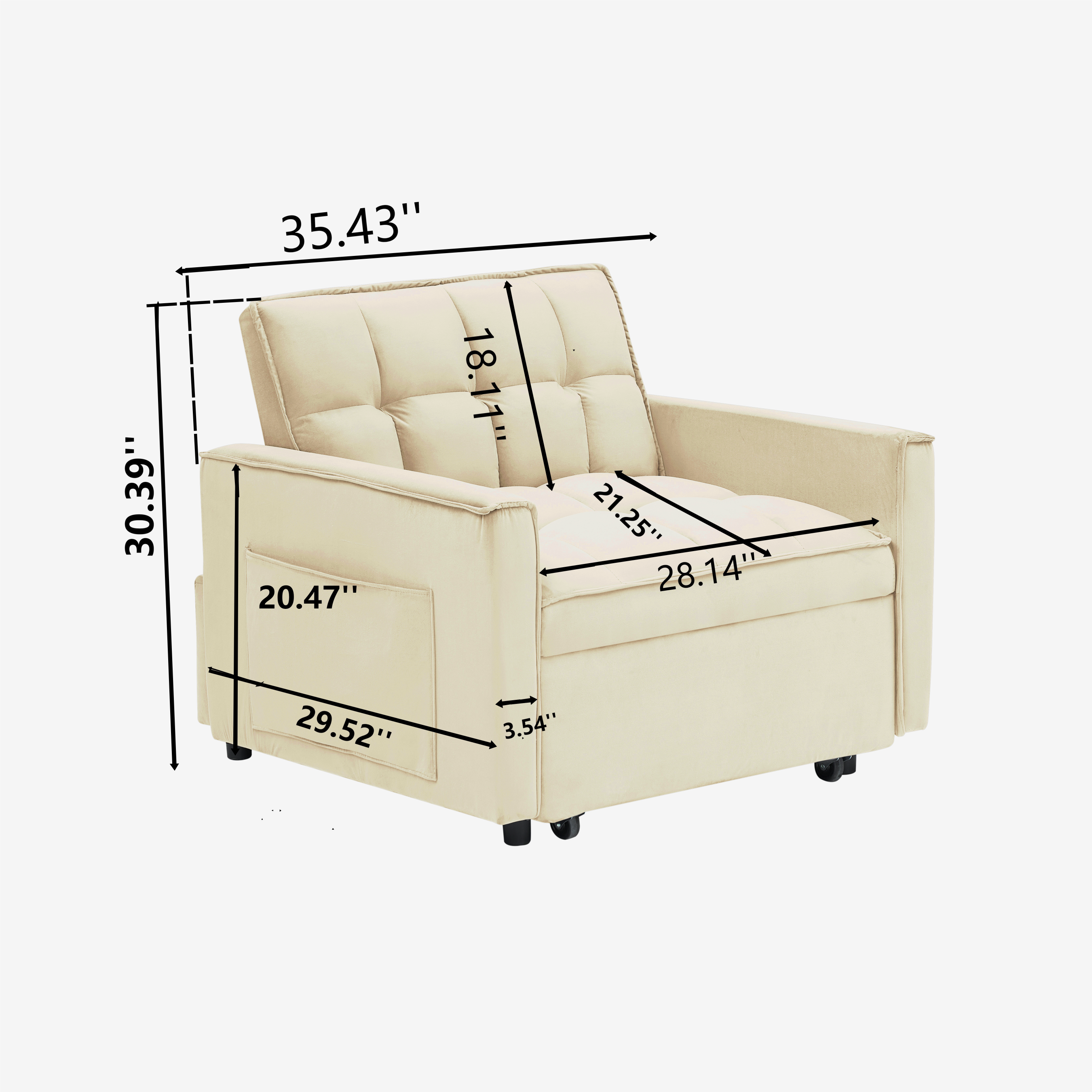 Velvet Foldable Sofa Bed Adjustable Back with USB, Ashtray & Phone Stand