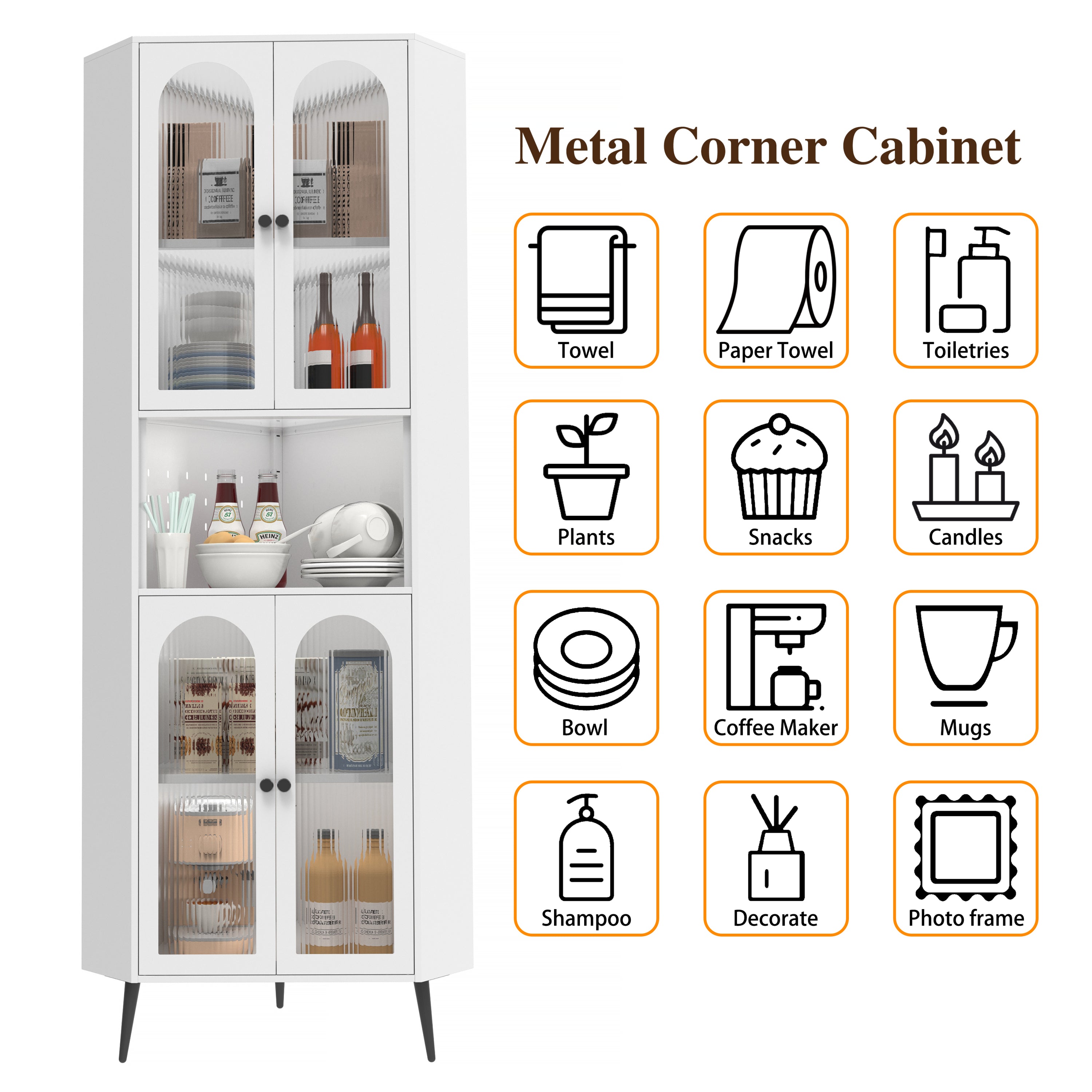 White 73in Corner Storage Cabinet Metal with Doors Adjustable Shelves Space-Saving