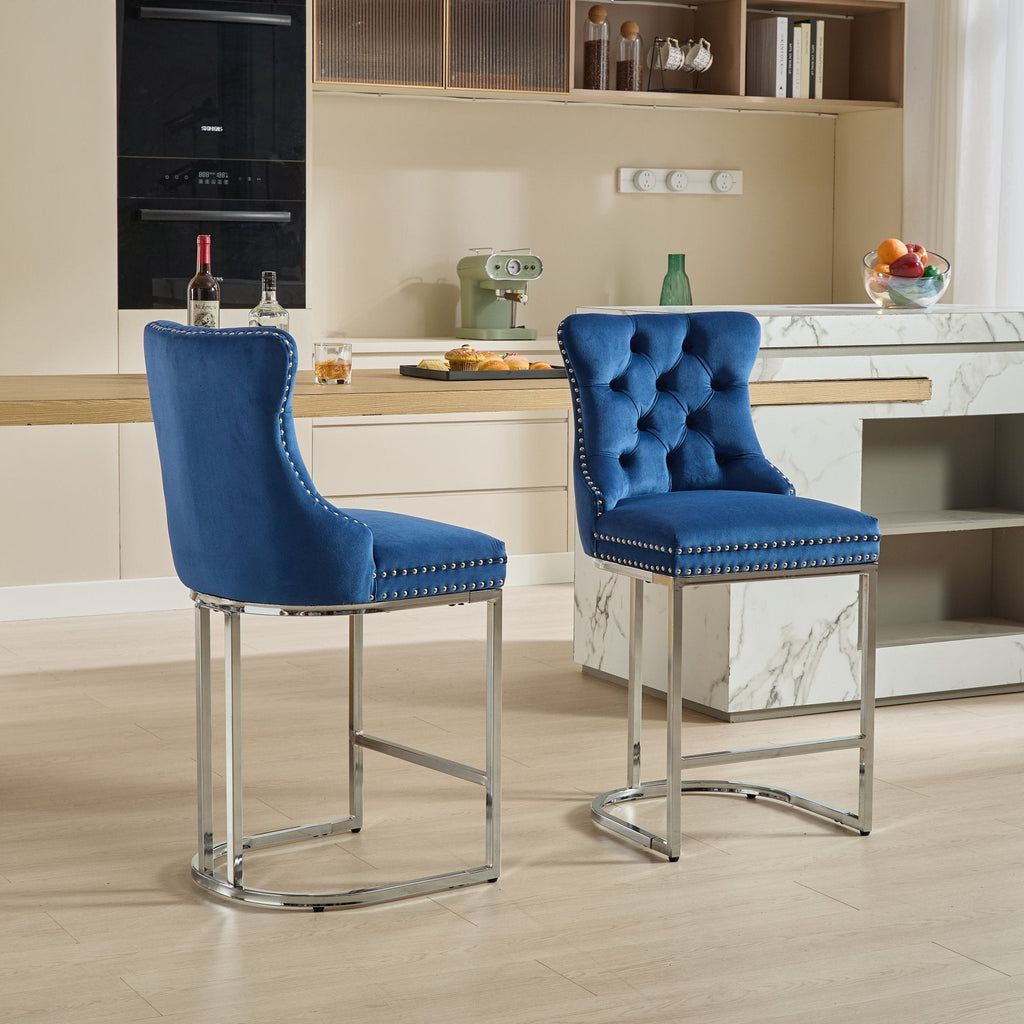Luxury Elegant Nailhead Trim Tufted Velvet Bar Stools (Set of 2)