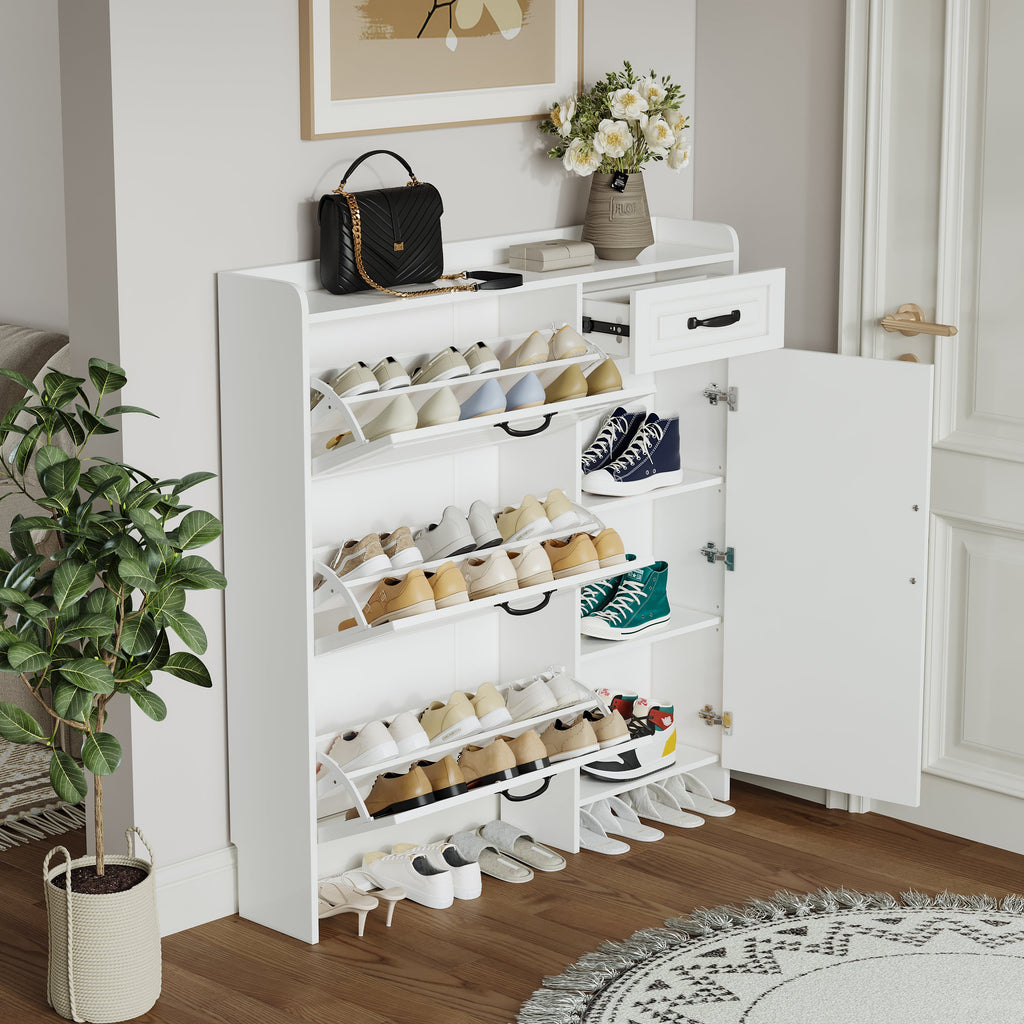 White Color Shoe Cabinet  with 4 Doors 1 Drawers