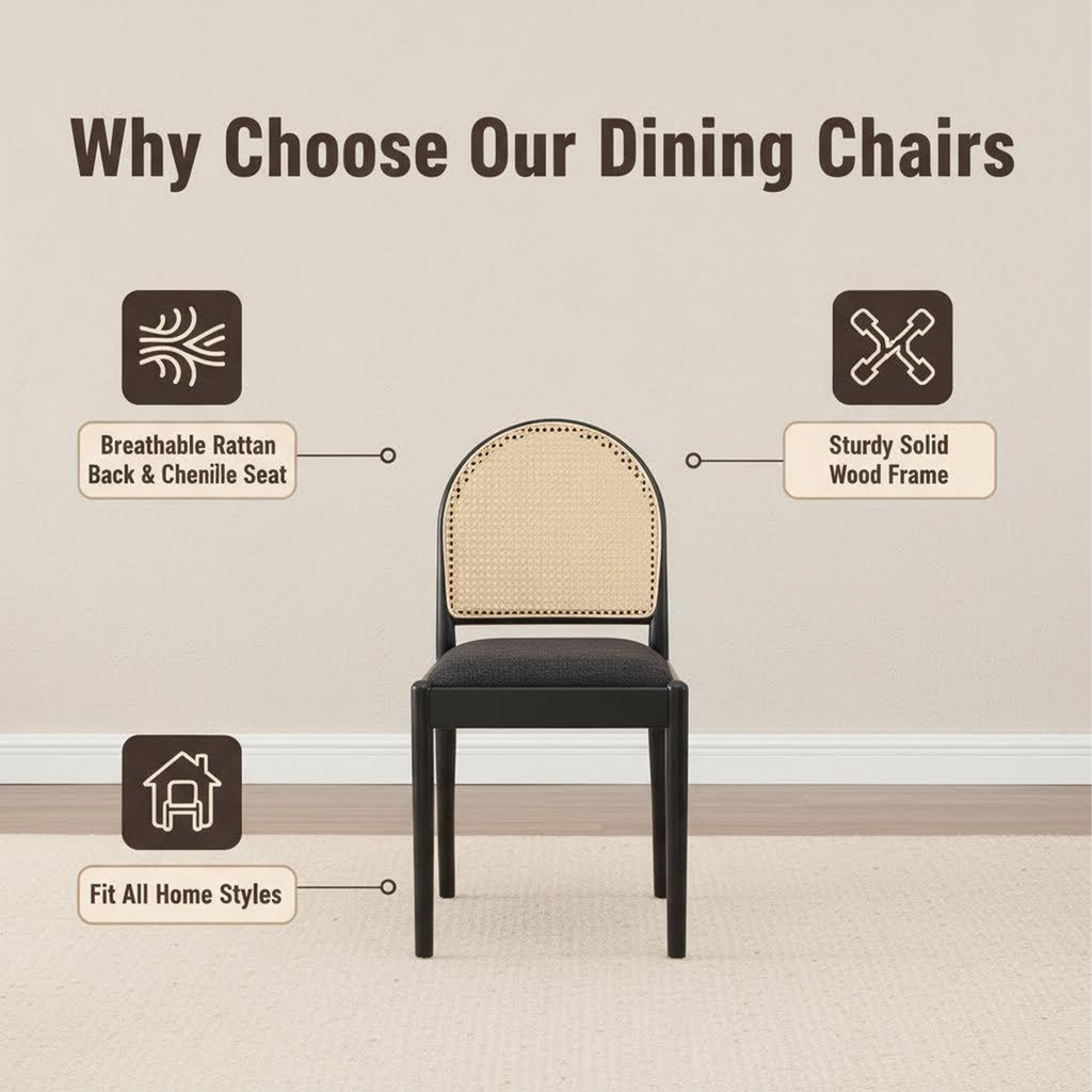 Set of 2 Rattan Dining Chairs Upholstered Linen Modern Wood-Leg Kitchen Chairs