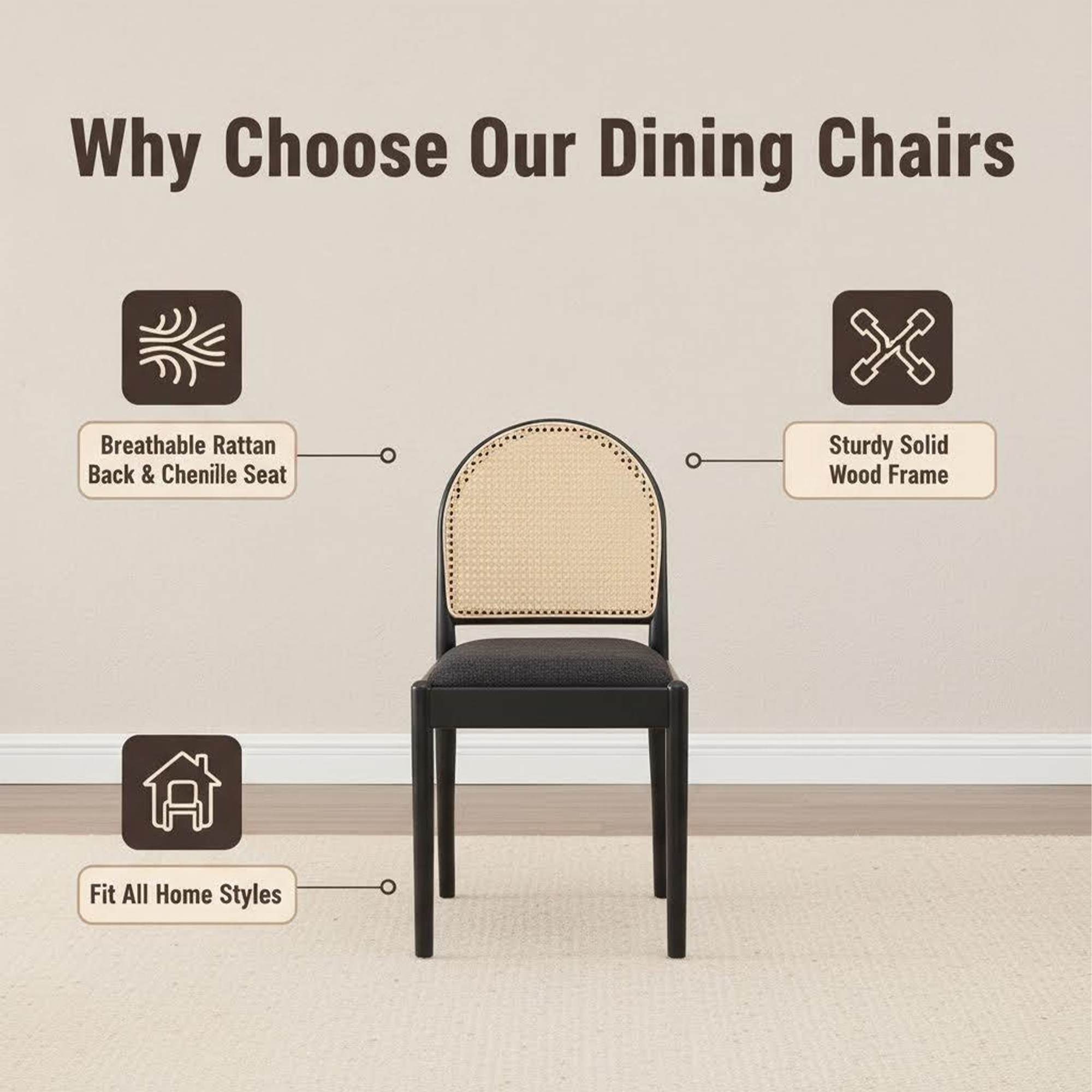 Set of 2 Rattan Dining Chairs Upholstered Linen Modern Wood-Leg Kitchen Chairs