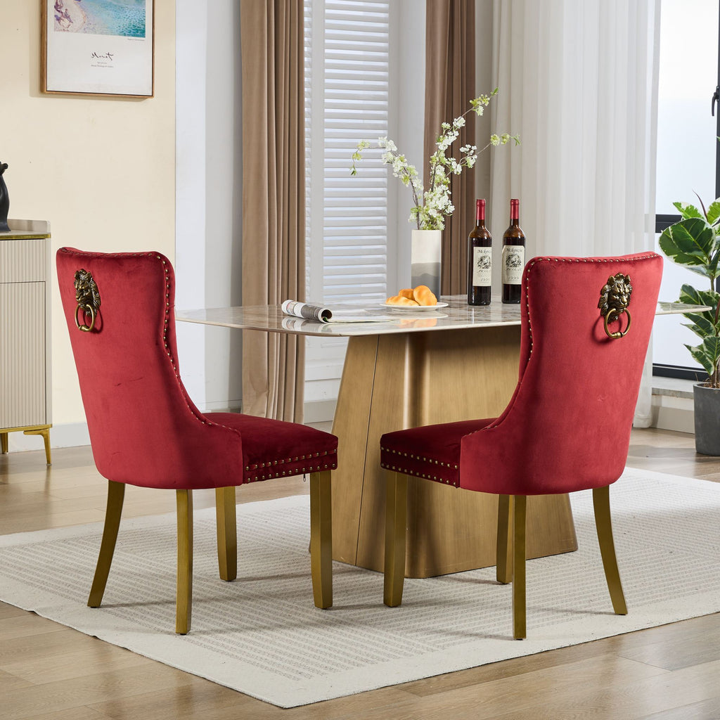 Mid-Century Velvet Dining Chairs with Lion Head Pull Ring (Set of 2)