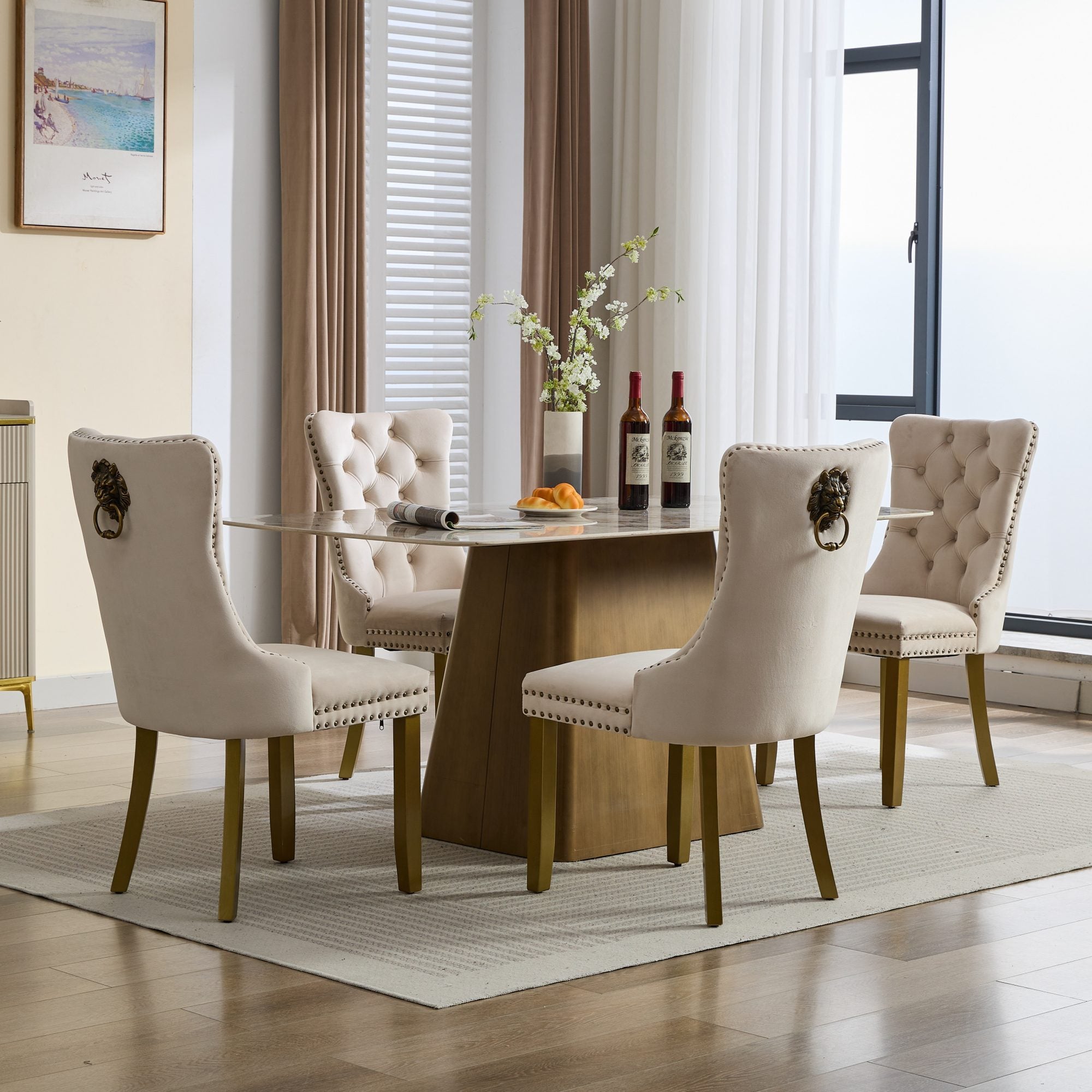 Mid-Century Velvet Dining Chairs with Lion Head Pull Ring (Set of 2)