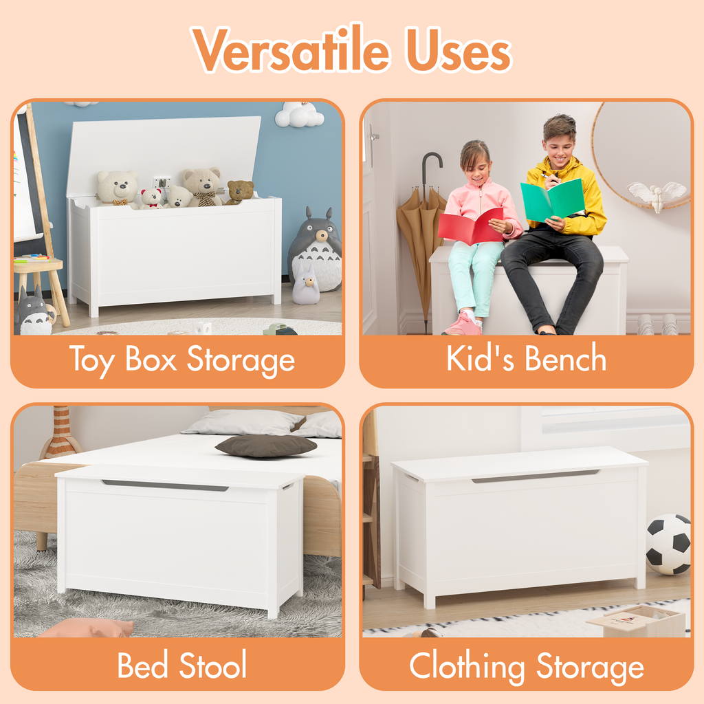 Kids Wooden Toy Box Storage with Safety Hinged Lid for Ages 2+