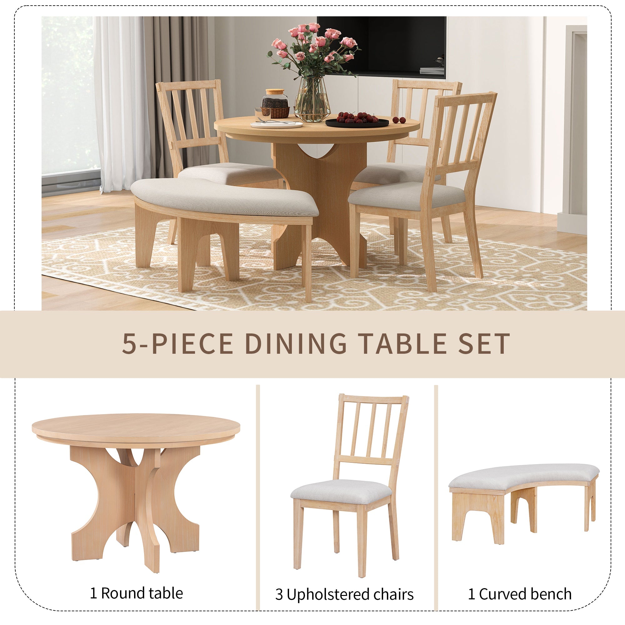 Rustic Charm Round Dining Set with 3 Upholstered Chairs