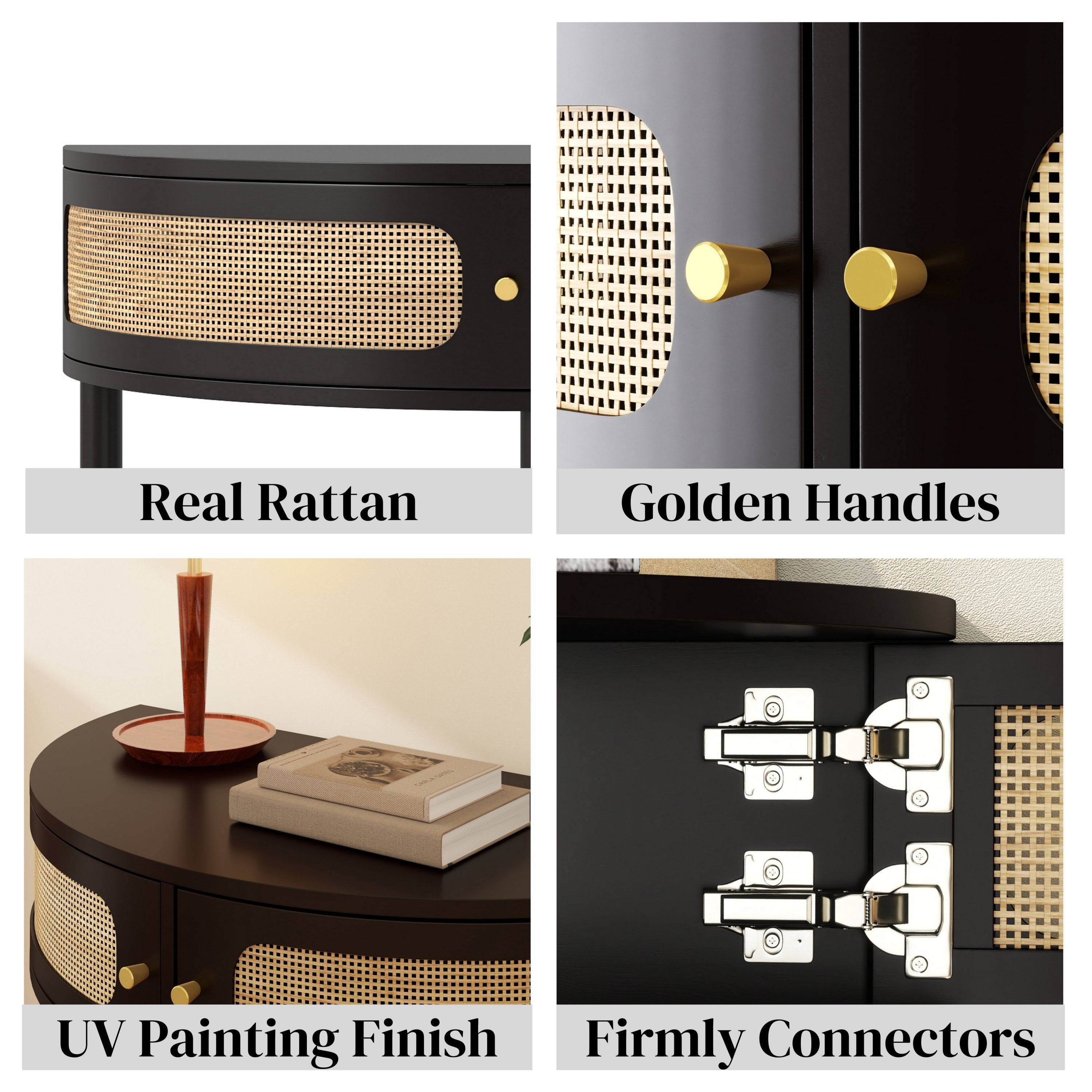 Rattan Semi Circle End Table with 2 Rattan Storage Cabinet