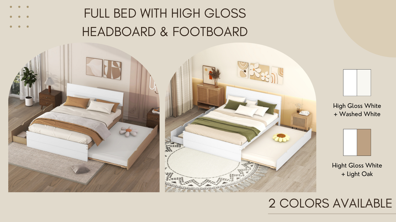 Modern Full Size Bed Frame with Twin Size Trundle and 2 Drawers