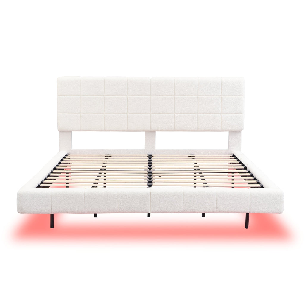 White  Boucle Floating Bed with Light