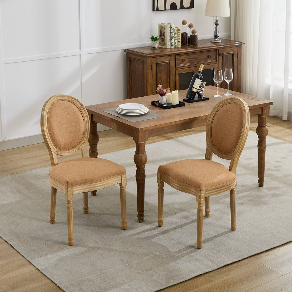 French Style Solid Wood Frame Linen Fabric Back Dining Chair (Set of 2)